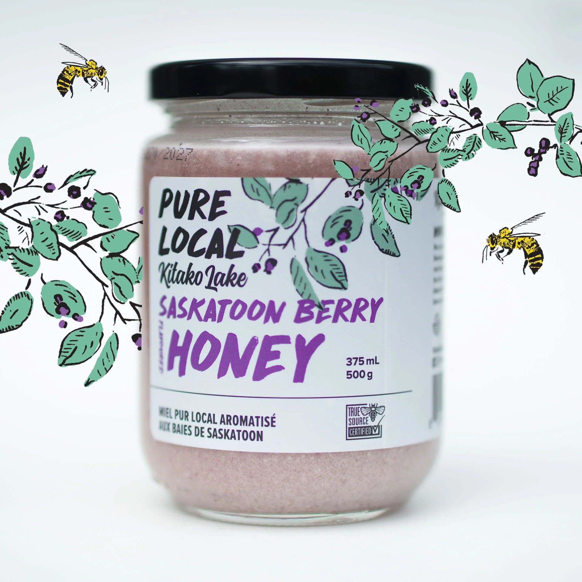 Kitako Lake Saskatoon Berry Honey - Pure, Natural & Delicious | 375ml (500g) Jar - Perfect for Breakfast, Tea & Baking | Canadian Wild Berry Honey