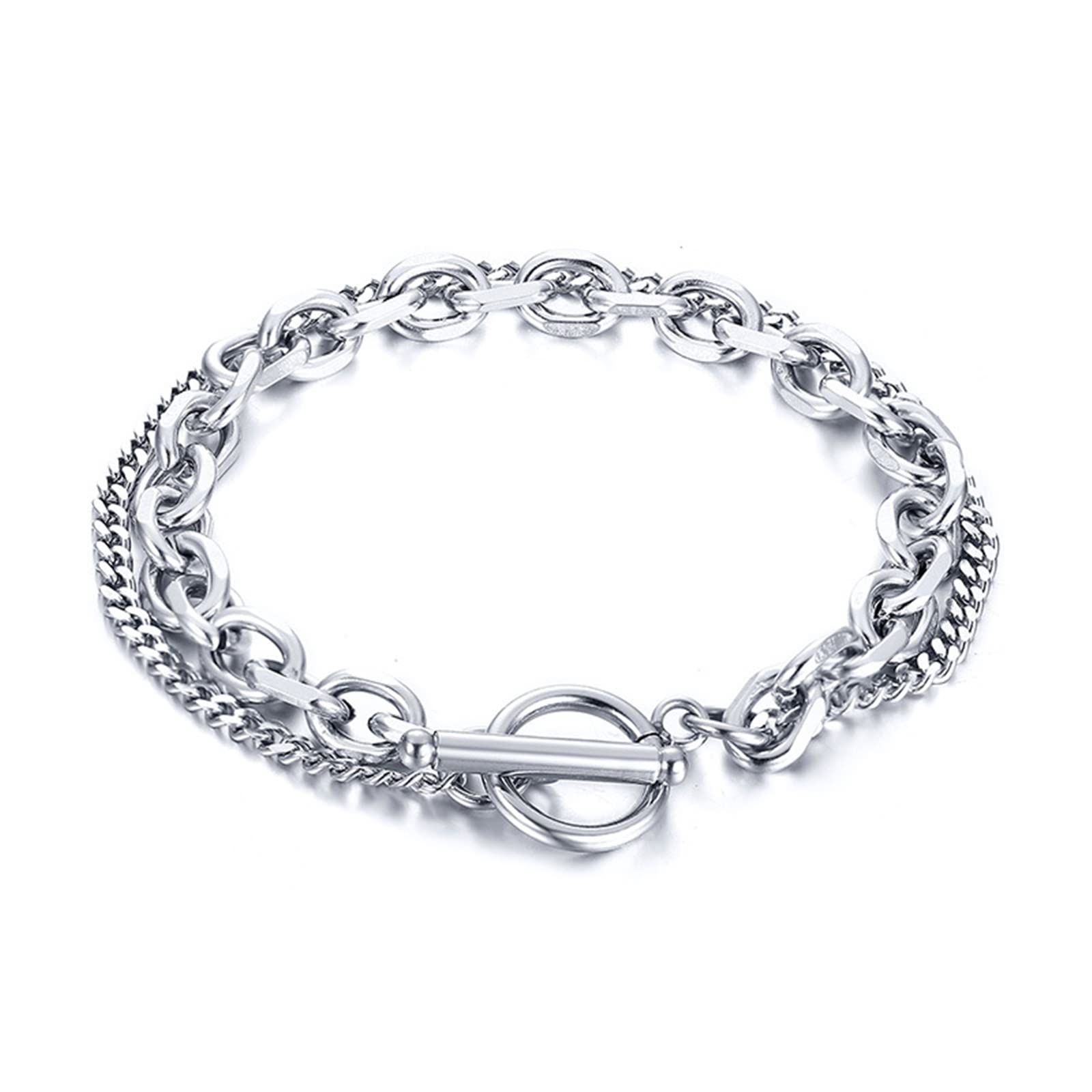 Men's Silver Stainless Steel Double-Layer Link Bracelet - Stylish & Durable Jewelry for Casual Wear, Date Night & Gifts