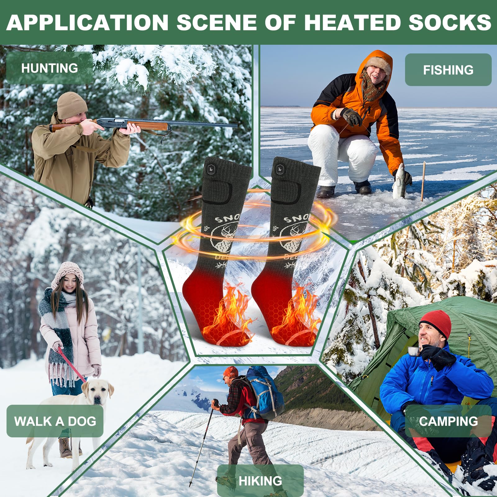 SNOW DEER Heated Socks for Men & Women - 7.4V Rechargeable Battery Electric Warm Socks for Winter - Perfect for Hunting, Fishing, Camping, Hiking & Skiing - Keep Your Feet Toasty in Cold Weather