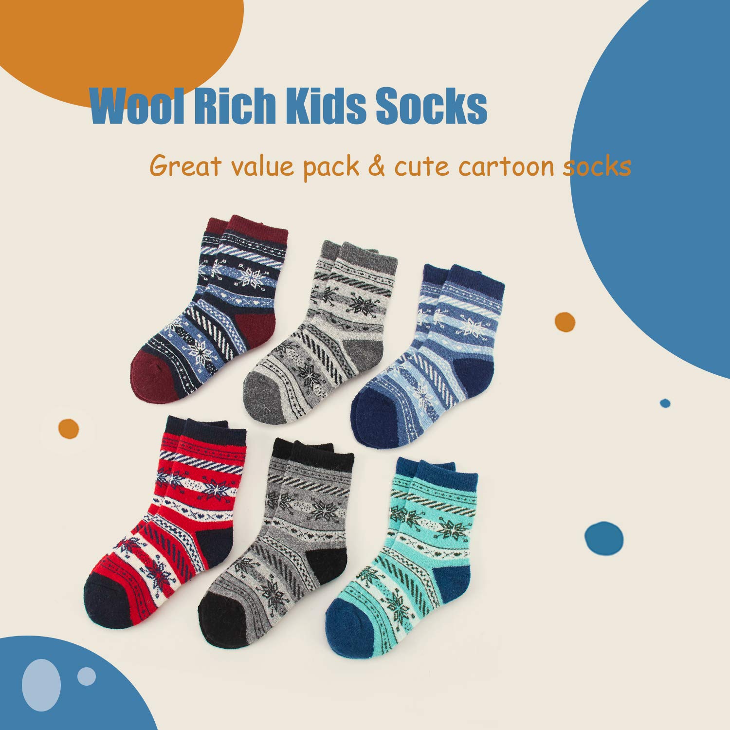 HowJoJo Boys Wool Socks - 6 Pack Warm Winter Crew Socks for Kids | Soft & Thick Thermal Socks for School, Outdoor Activities & Cold Weather