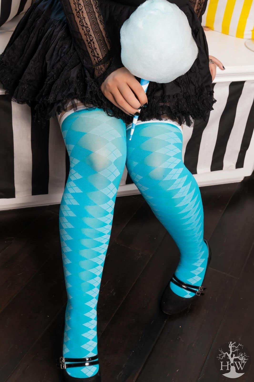 Kix'ies Thigh High Stockings for Women - No Slip Grip Stay Up Thigh Bands | Sexy Lingerie & Hosiery in Blue Argyle (1344D) | Perfect for Date Nights, Office Wear & Special Occasions