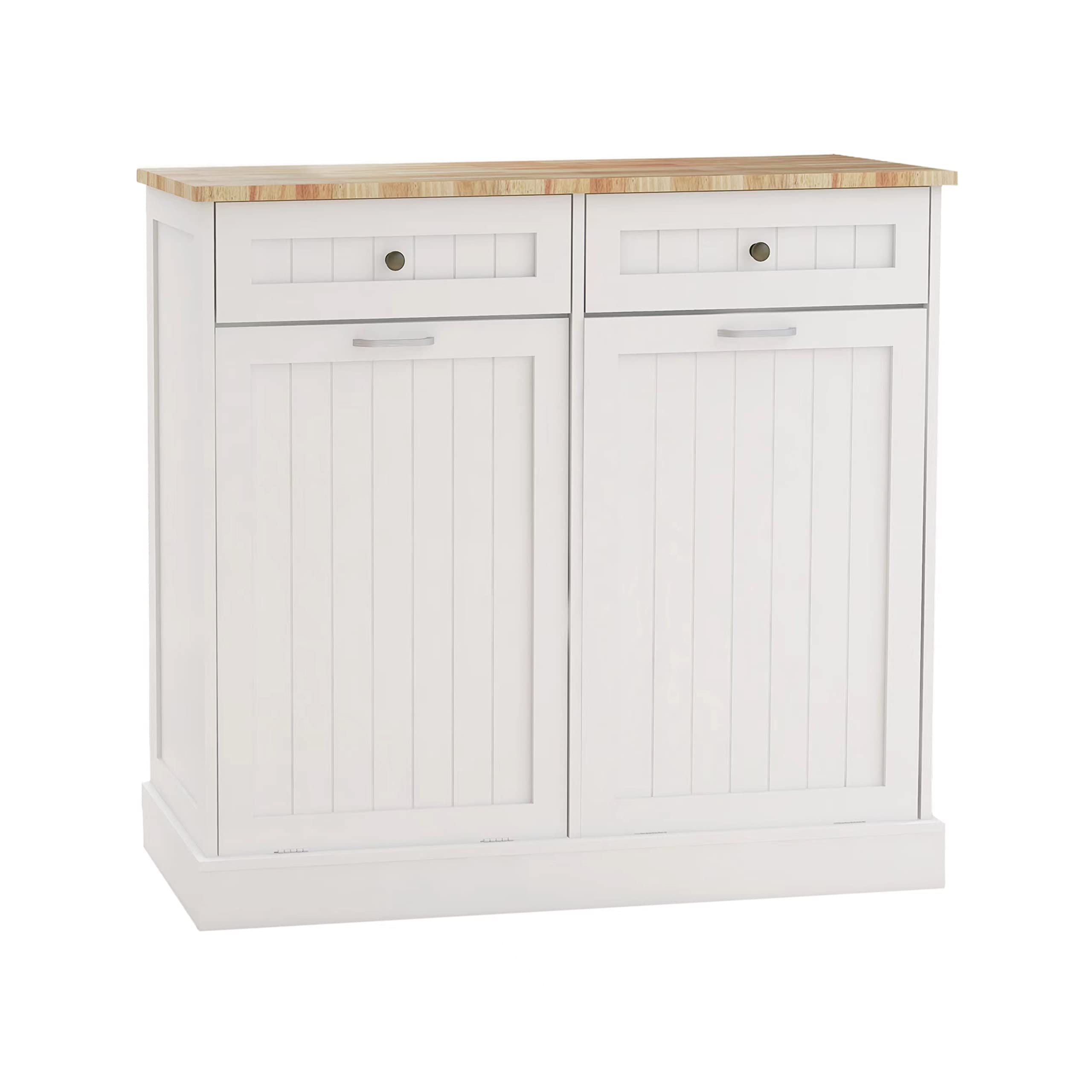 HomVent Wooden Tilt-Out Trash Cabinet - Double Kitchen Trash Can Holder & Recycling Bin Organizer with 2 Hidden Drawers | Perfect for Small Spaces, Under Sink Storage & Waste Management Solutions