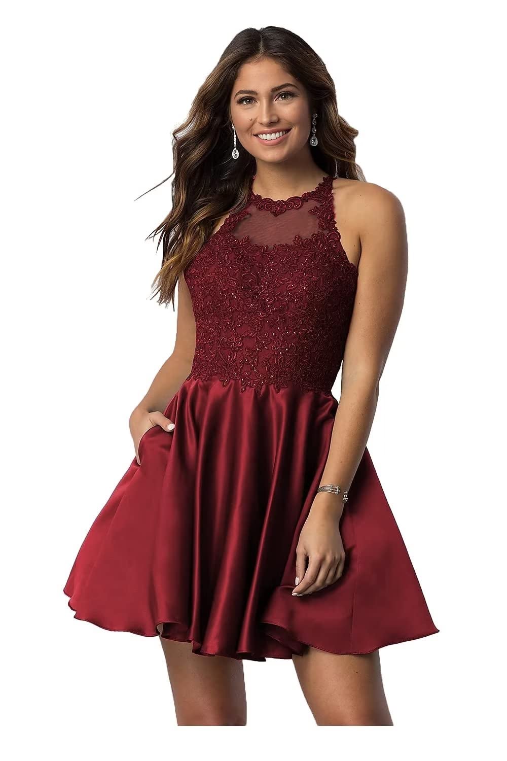 Elegant Lace Applique Short Homecoming Dress with Pockets - Halter Prom Dress for Teens 2024 - Satin Cocktail Party Dress for Dances, Formals & Special Occasions
