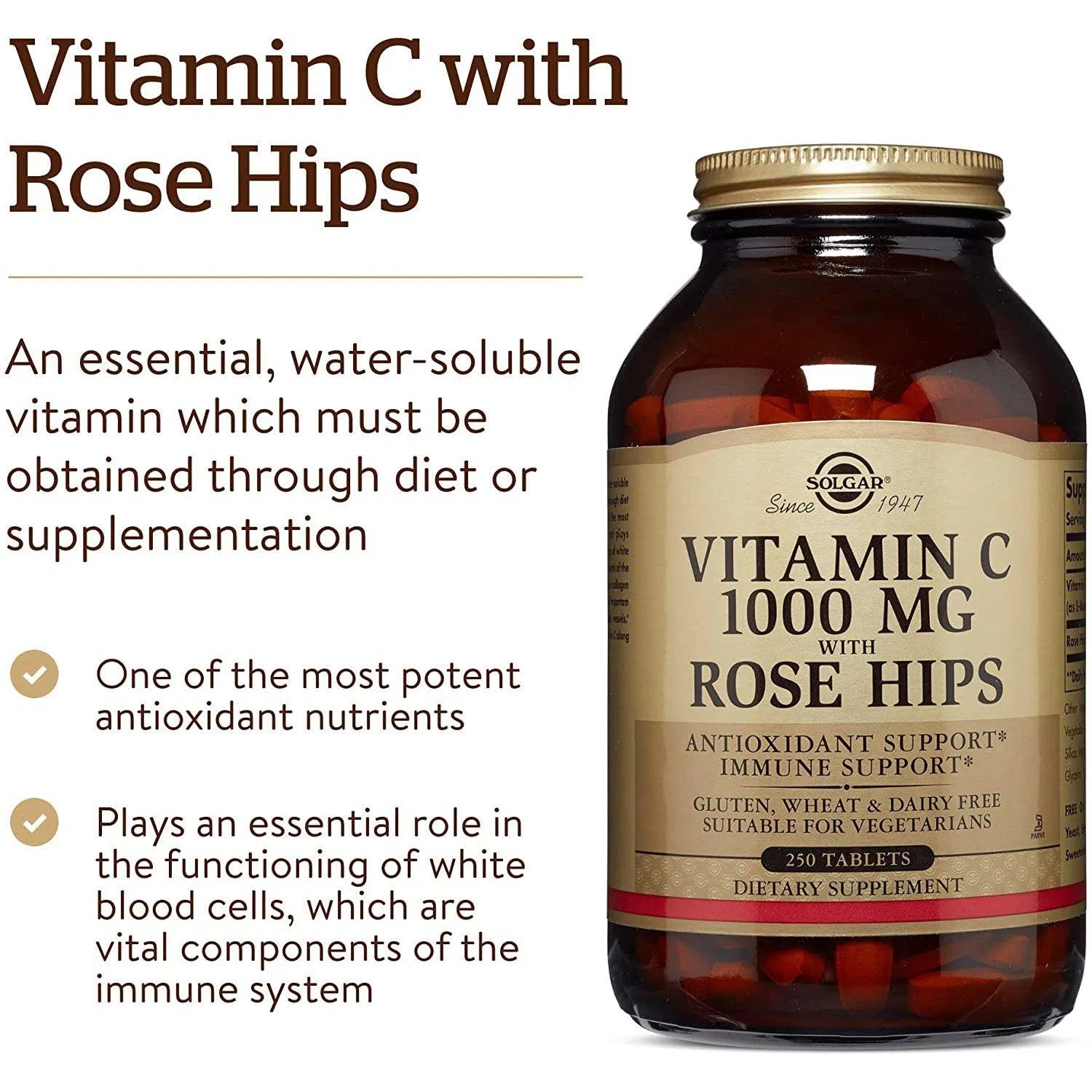 Solgar Vitamin C 1000 mg with Rose Hips Supplement - Immune Support & Antioxidant Boost - Daily Wellness for Adults - Supports Skin Health & Collagen Production
