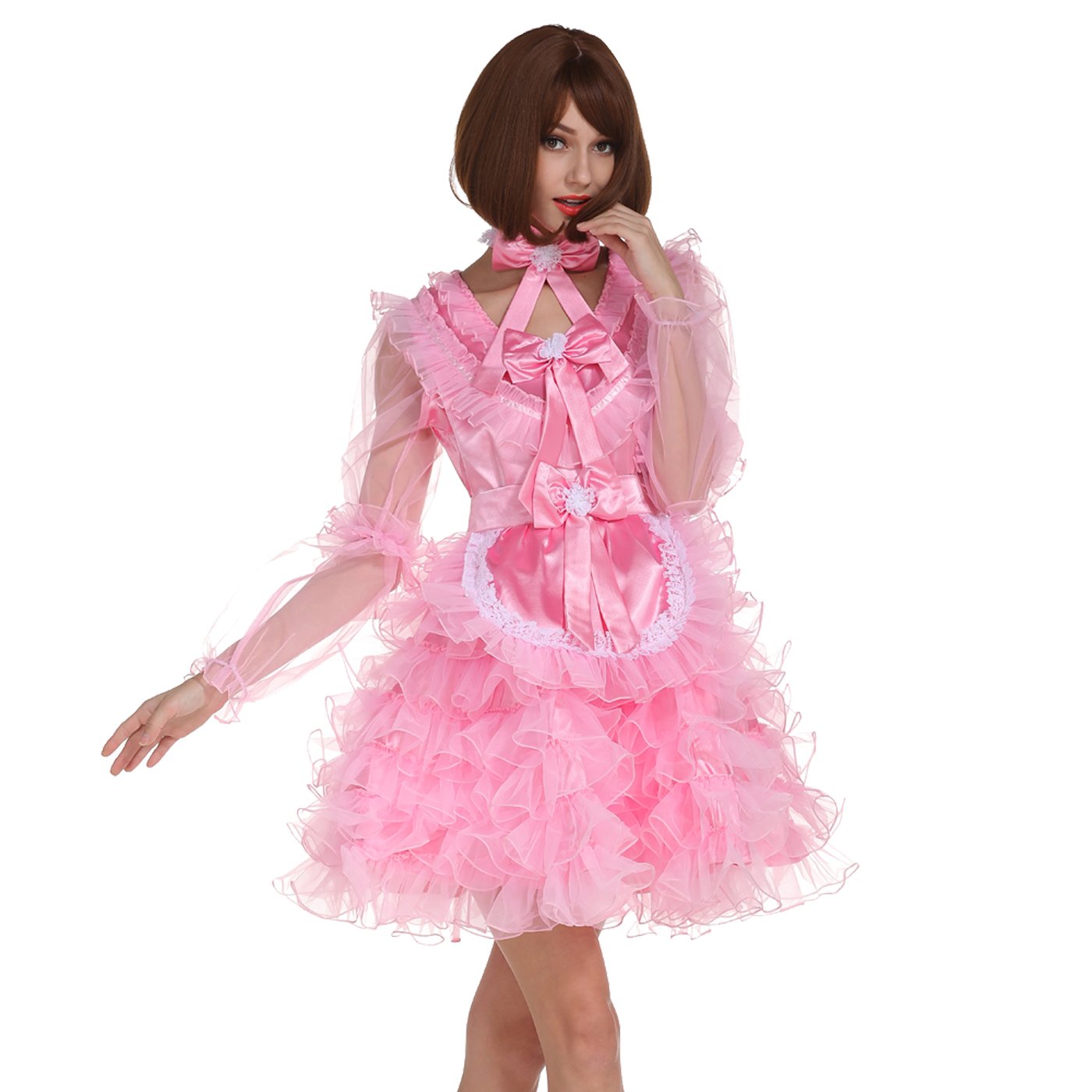 Elegant Long Sleeve Lockable Maid Dress - Puffy Organza Satin Pink Costume for Cosplay, Halloween, Party & Role Play
