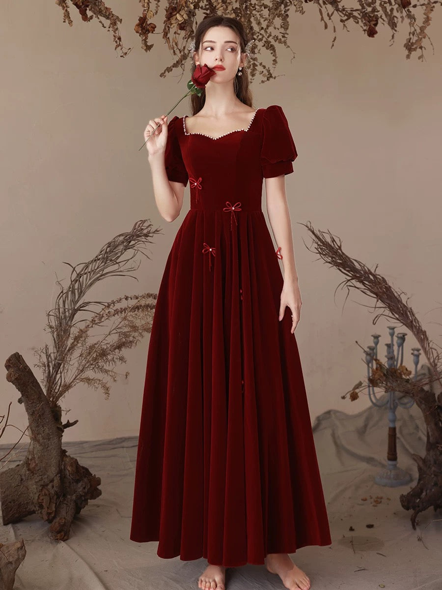 Elegant A-Line Velvet Burgundy Long Prom Dress for Women - Formal Evening Gown for Homecoming, Ball, and Special Occasions