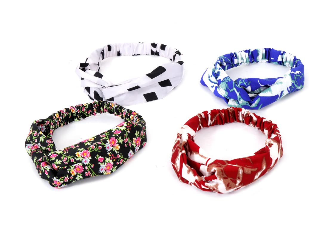 NAVMAV 4 Pack Boho Floral Headbands for Women - Elastic Hair Bands, Criss Cross Twisted Head Wraps - Stylish Hair Accessories for Girls & Women - Perfect for Yoga, Beach, Parties & Everyday Wear