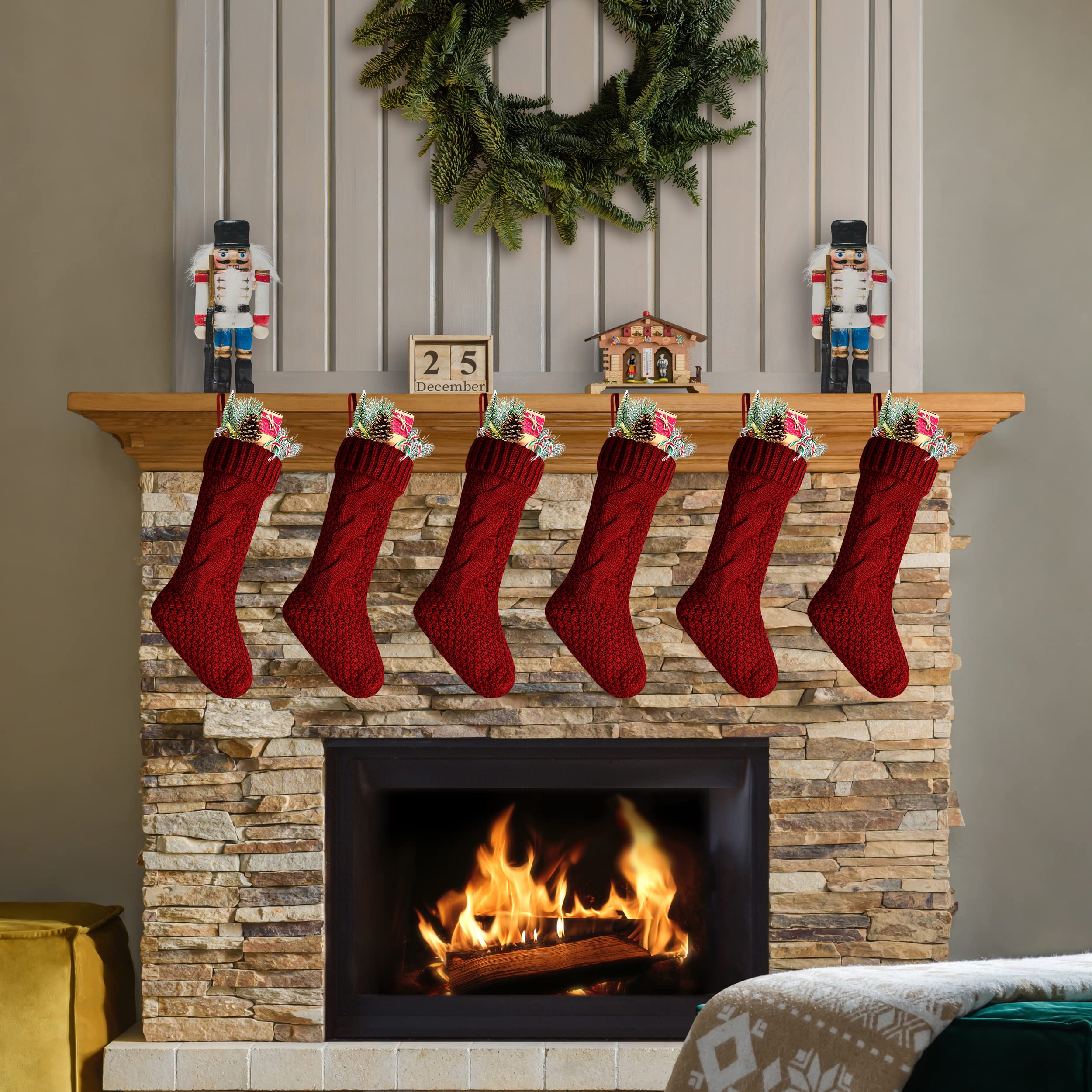 6-Pack 18 Inch Burgundy Knitted Christmas Stockings with Elegant Design - Perfect for Holiday Decor, Fireplace Mantel, and Gift Giving