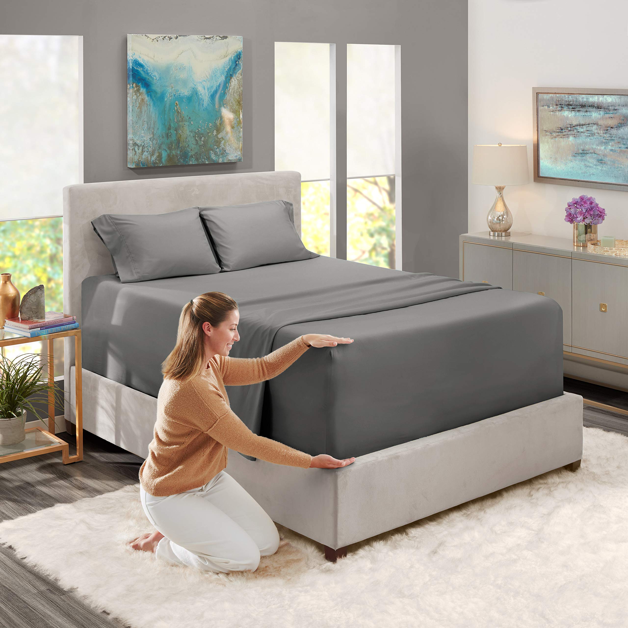 Premium 600 Thread Count Twin XL Sheet Set - 4 Piece 100% Long Staple Cotton Sateen Bedding | Fade Resistant Dark Grey Sheets with Deep Pockets (Fits 12