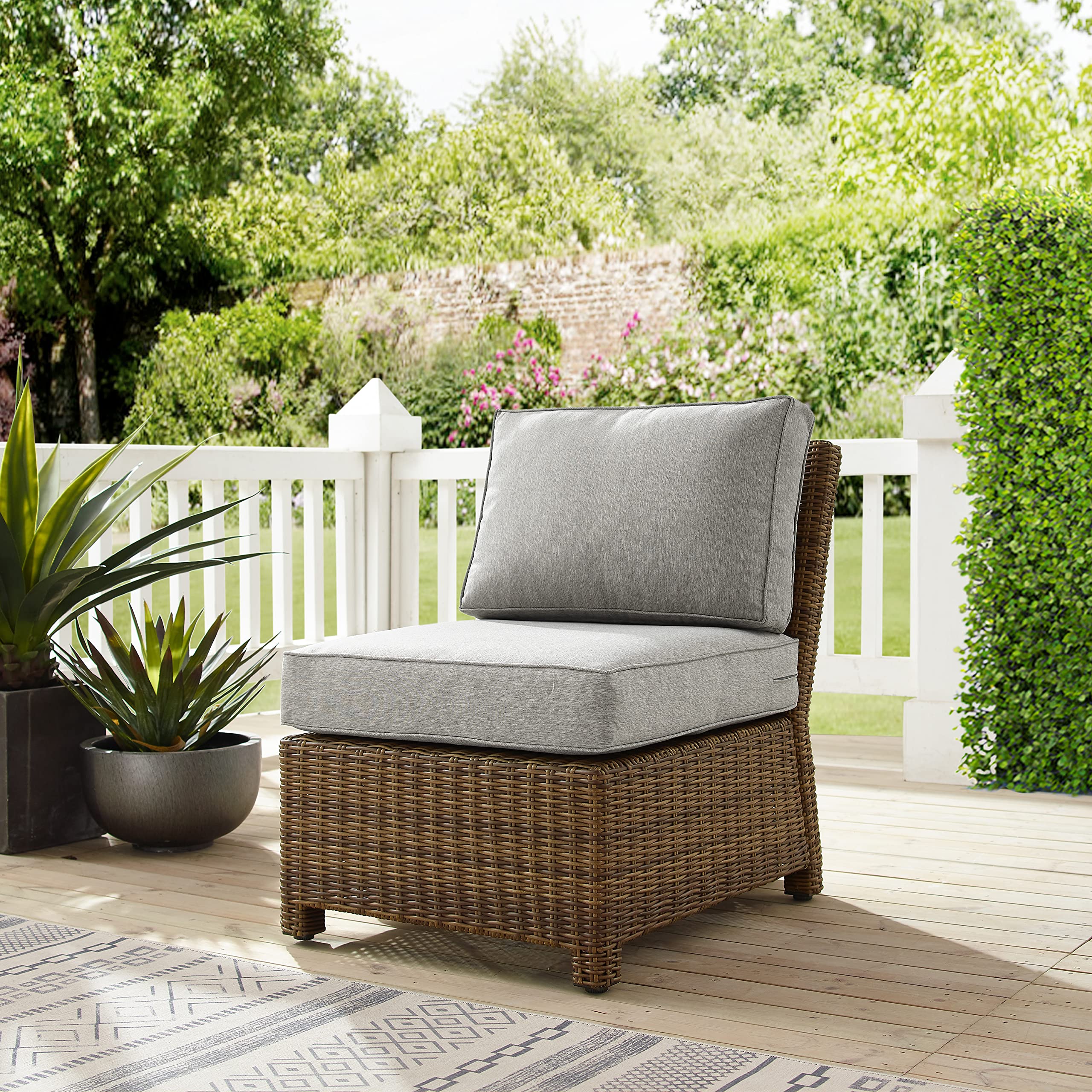 Crosley Bradenton Armless Outdoor Sectional Chair - All-Weather Wicker Patio Furniture with Gray Cushions for Porch, Deck, Backyard & Poolside Relaxation | Brown Rattan Sofa for Outdoor Living Spaces
