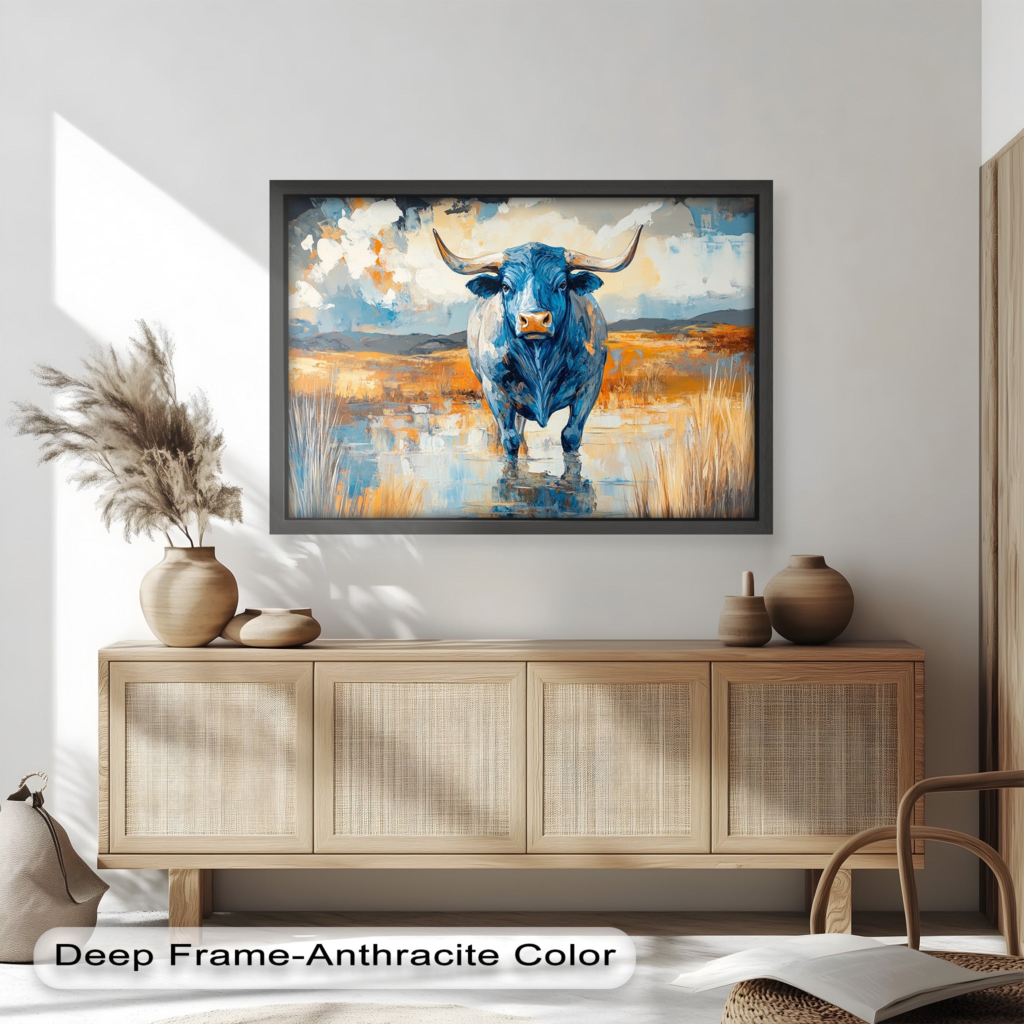 Blue Desert Bull - Hand Painted Animal Oil Canvas Artwork | Western Wildlife Decor for Living Room, Bedroom & Office