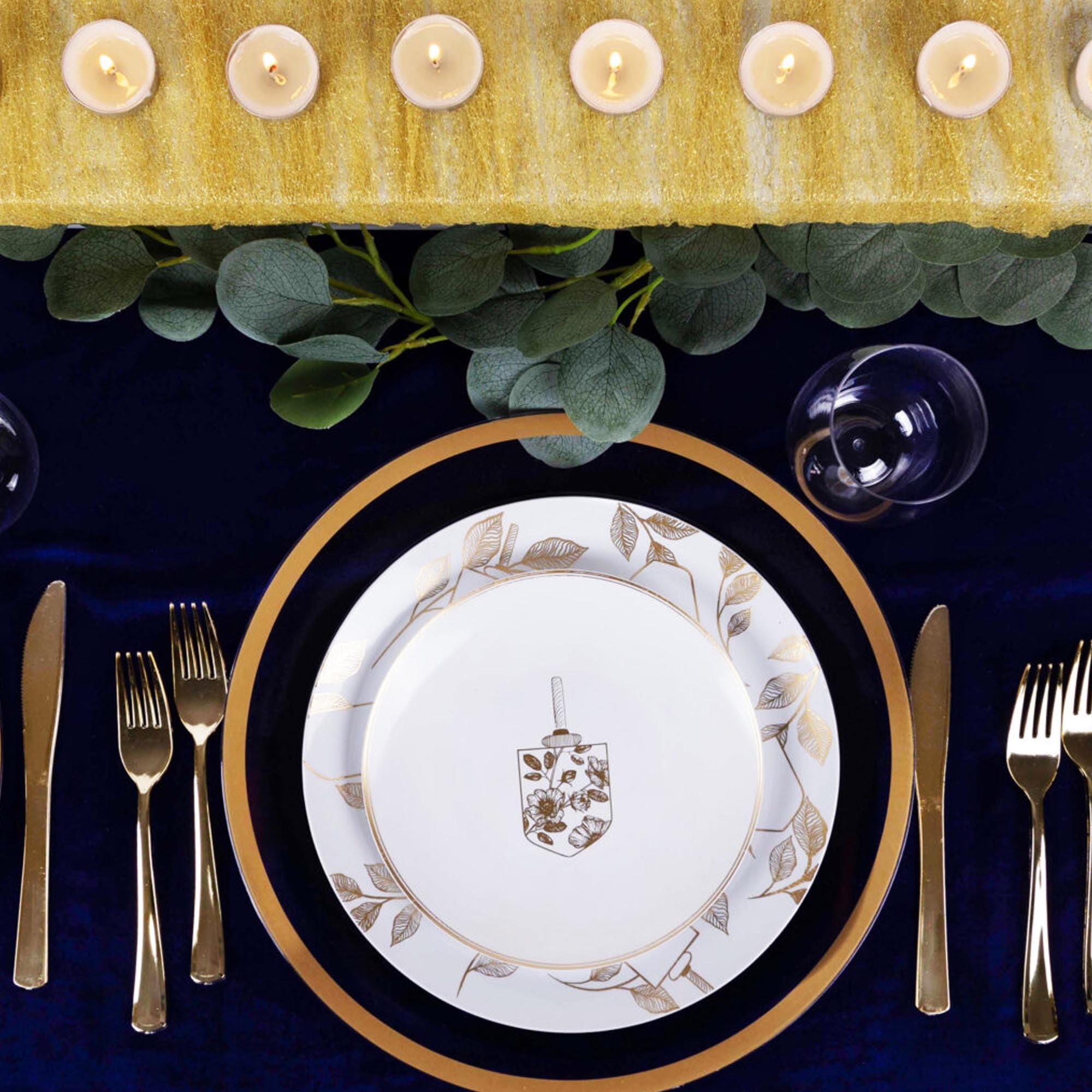 EcoQuality 7.5 Inch Round White Plastic Hanukkah Plates with Gold Dreidel Design - Disposable Kosher Dinner Plates for Hanukkah Parties, Desserts & Salads (Pack of 240) - Perfect for Jewish Holidays, Family Gatherings & Festive Celebrations