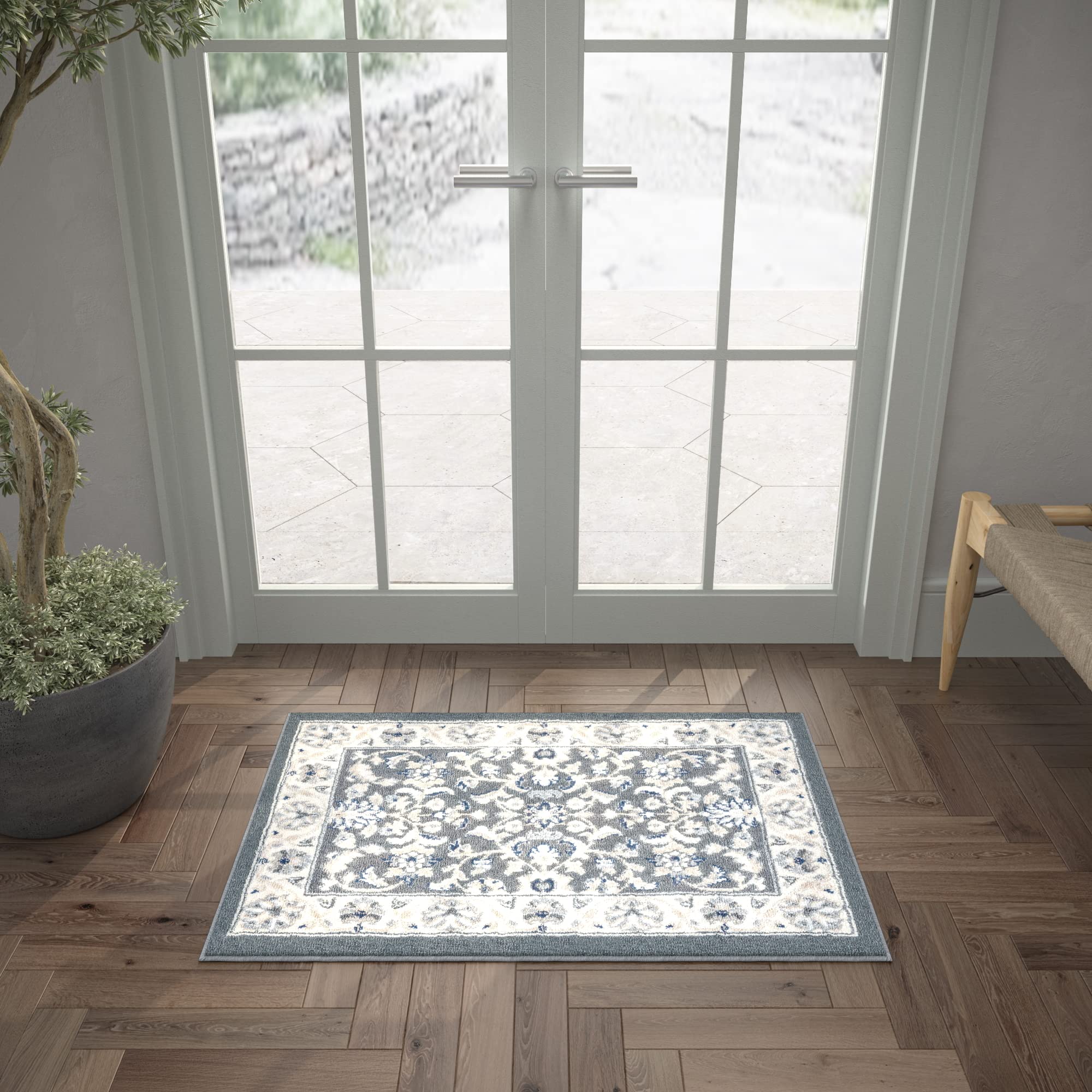 Gray 2x3 Entry Rug - Non-Slip Indoor Front Door Mat - Small Area Rug for Kitchen & Bathroom - Modern Home Decor for Living Room, Bedroom & Entryway