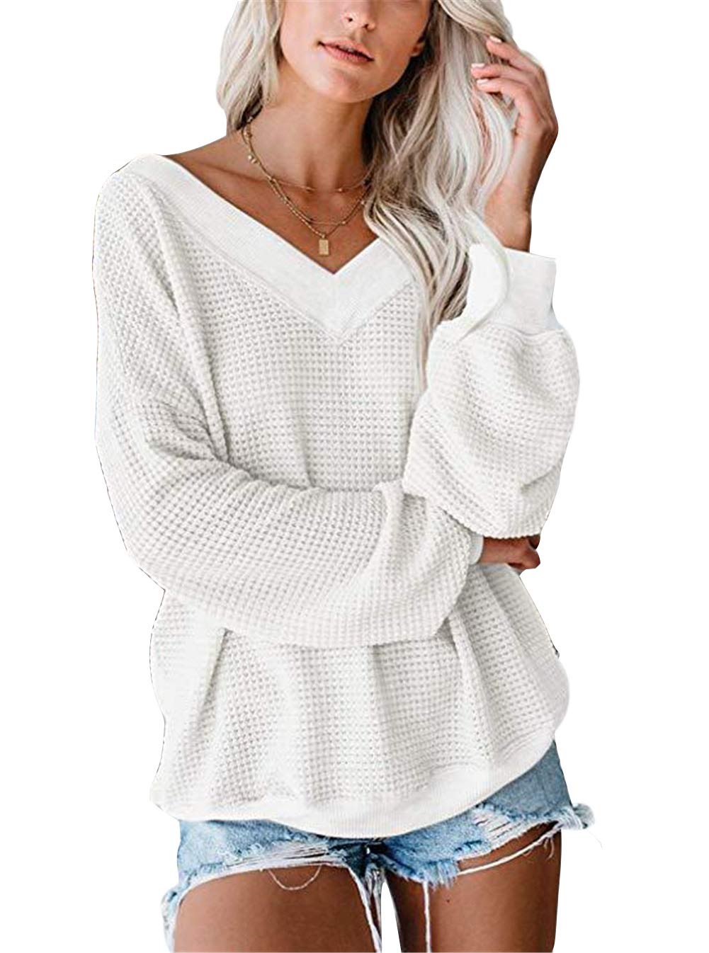 Women's V-Neck Long Sleeve Waffle Knit Sweater - Sexy Casual Blouse Tops for Fall & Winter | Perfect for Office, Date Night & Weekend Outfits