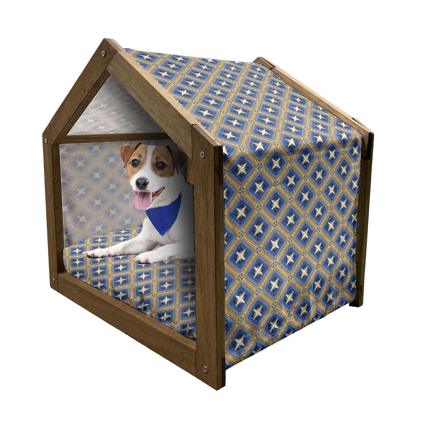 Ambesonne Ethnic Wooden Dog House - Persian Folkloric Design with Bicolor Motifs, Indoor & Outdoor Portable Pet Kennel with Pillow & Cover, Medium Size in Pale Yellow Marigold - Perfect for Small to Medium Dogs in Living Rooms, Patios or Gardens