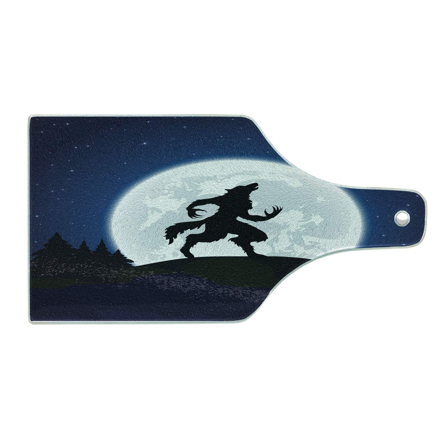 Ambesonne Wolf Themed Tempered Glass Cutting Board - Full Moon Night Sky Werewolf Design, Halloween Kitchen Decor, Wine Bottle Shape in Dark Blue Black White - Perfect for Serving Charcuterie, Cheese & Wine at Parties