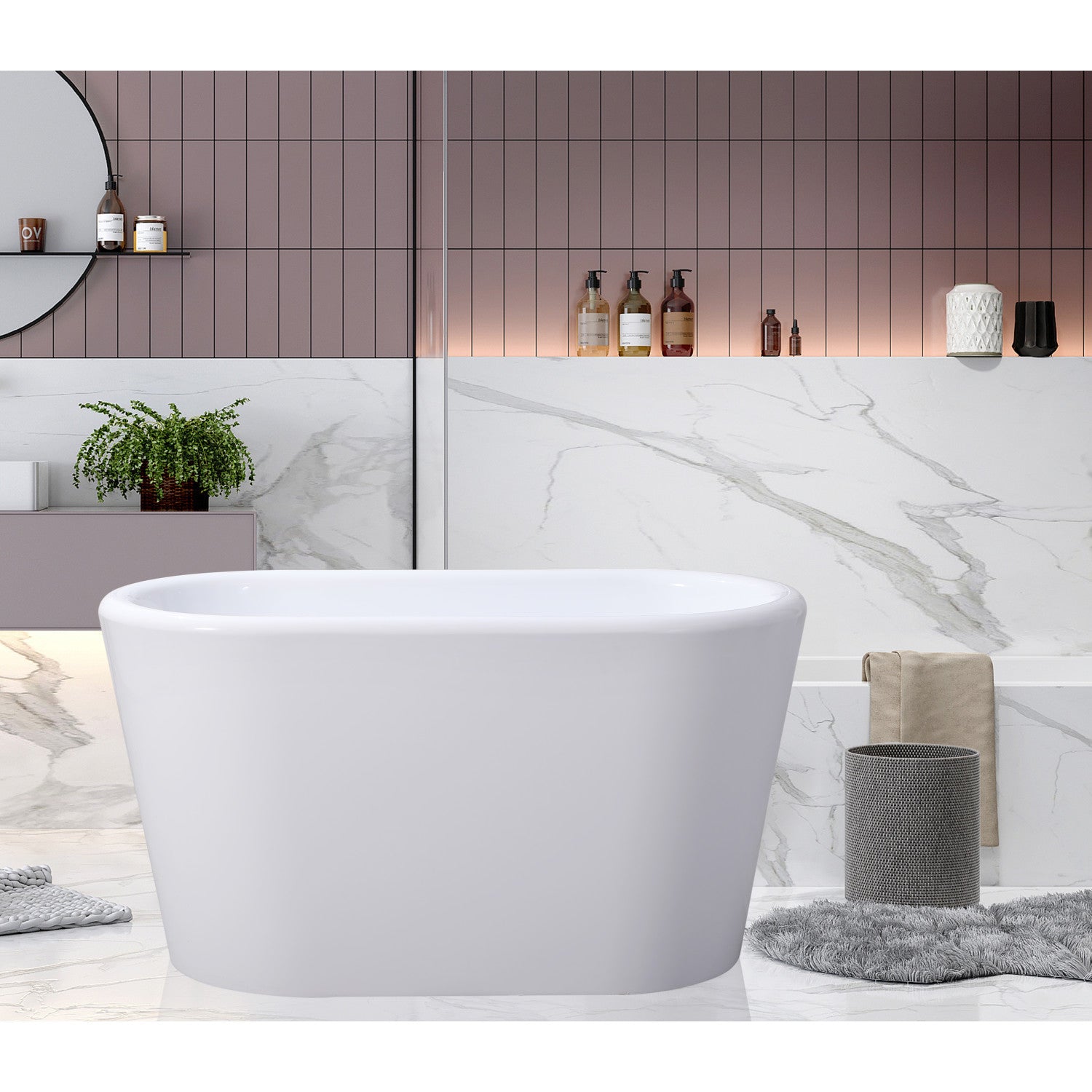 Aqua Eden 51 Inch Acrylic Oval Freestanding Bathtub - Double Ended Soaking Tub with Drain & Built-in Seat, Glossy White - Perfect for Luxury Bathroom & Spa Relaxation