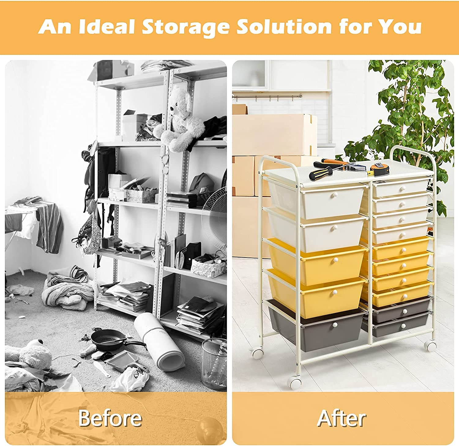 Giantex 15-Drawer Rolling Storage Cart - Plastic Organizer for Tools, Scrapbook Paper & Craft Supplies - Multi-Purpose Utility Cart with Wheels (Yellow) - Perfect for Home Office, Craft Room & Garage Organization