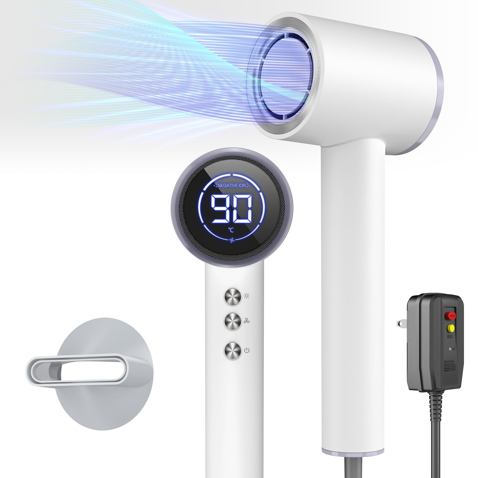 1600W Ionic Hair Dryer with LED Display & Magnetic Nozzle - Professional Blow Dryer for Salon Quality Styling | Portable, Self-Cleaning, Low Noise Travel Hair Dryer | Perfect for Home, Salon & On-The-Go Use (Foggy White)
