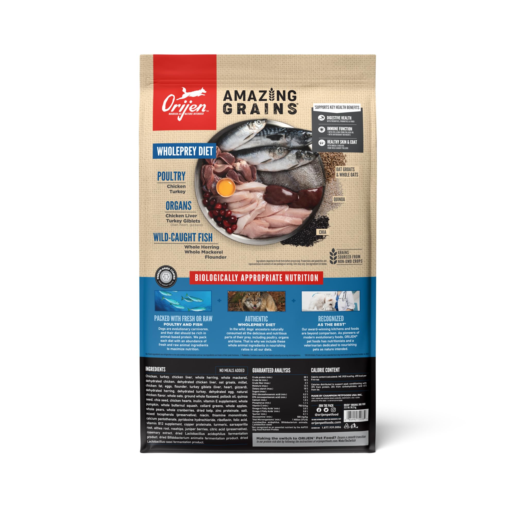ORIJEN Amazing Grains Original High Protein Dry Dog Food with Fresh & Raw Ingredients - Premium Grain-Free Nutrition for Adult Dogs - Perfect for Active Pets & Training Rewards