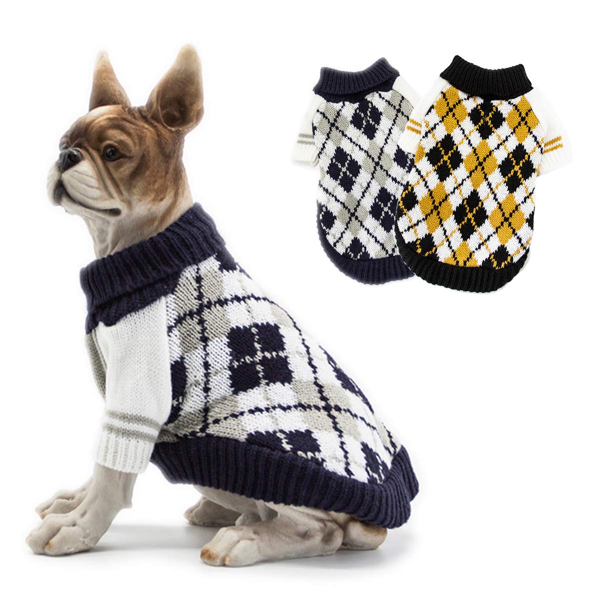 Huret Diamond Plaid Dog Sweaters - Warm Knit Winter Coat for Small & Medium Dogs | Cold Weather Pet Apparel for Indoor & Outdoor Activities