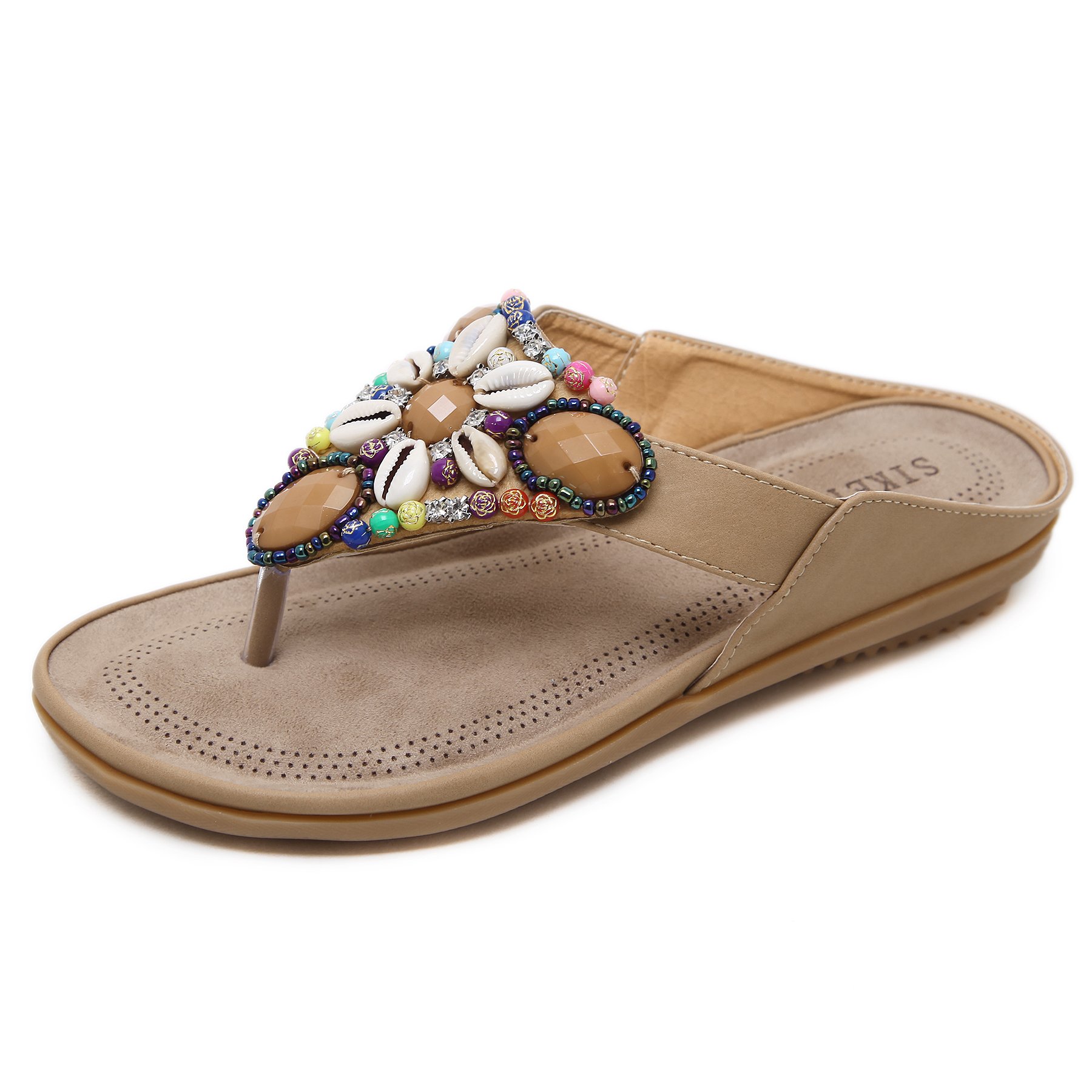 Dizadec Women's Casual Flat Sandals with Rhinestone & Beaded T-Strap - Wide Width Flip Flops for Beach, Pool & Summer Outfits