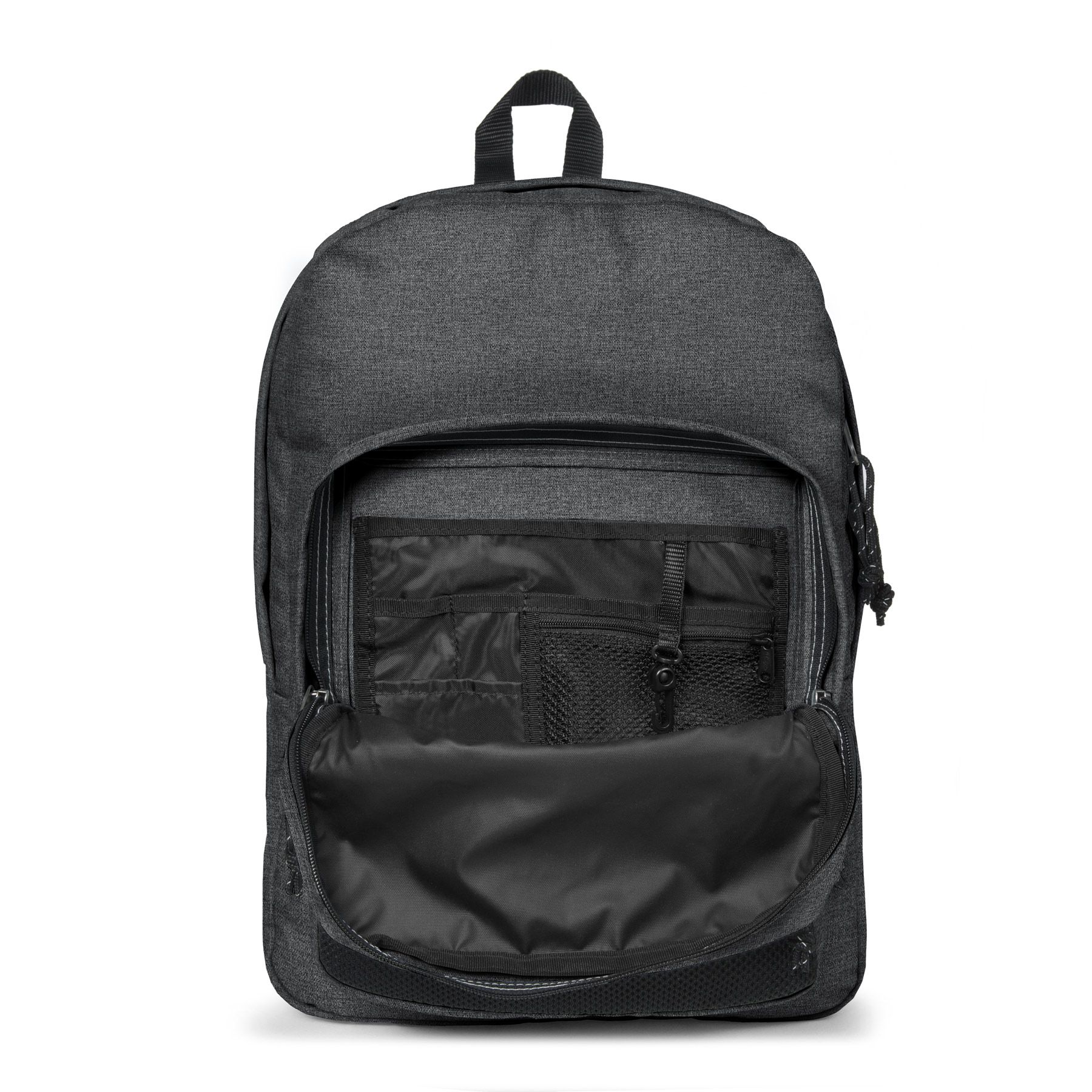 Eastpak Pinnacle Backpack - Black Denim Laptop Backpack for College, Work & Travel | Durable Water-Resistant School Bag with USB Charging Port