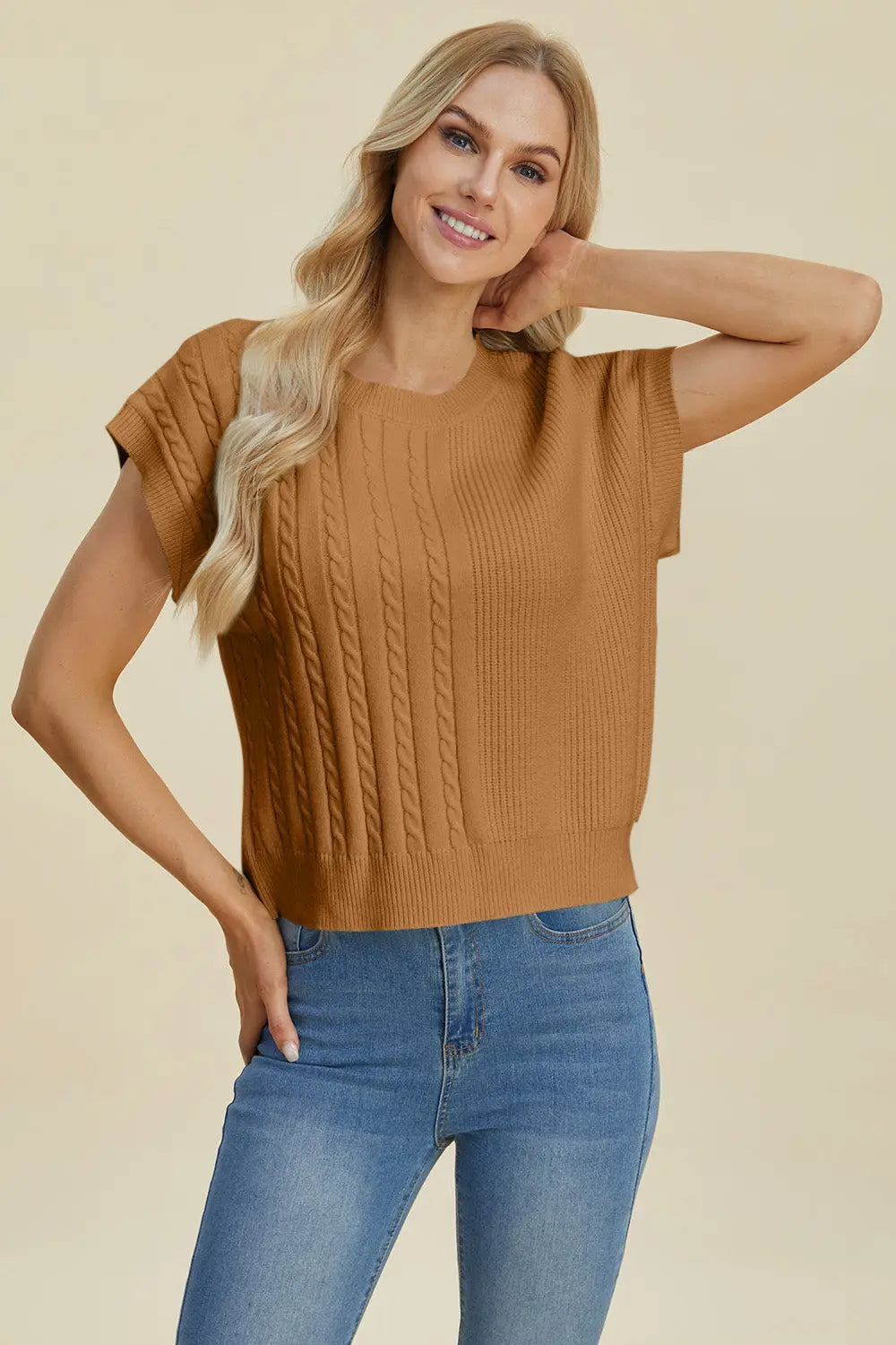 Double Take Full Size Cable Knit Round Neck Short Sleeve Sweater for Women - Cozy Casual Pullover Top for Fall & Winter - Perfect for Office, Date Night and Weekend Outings