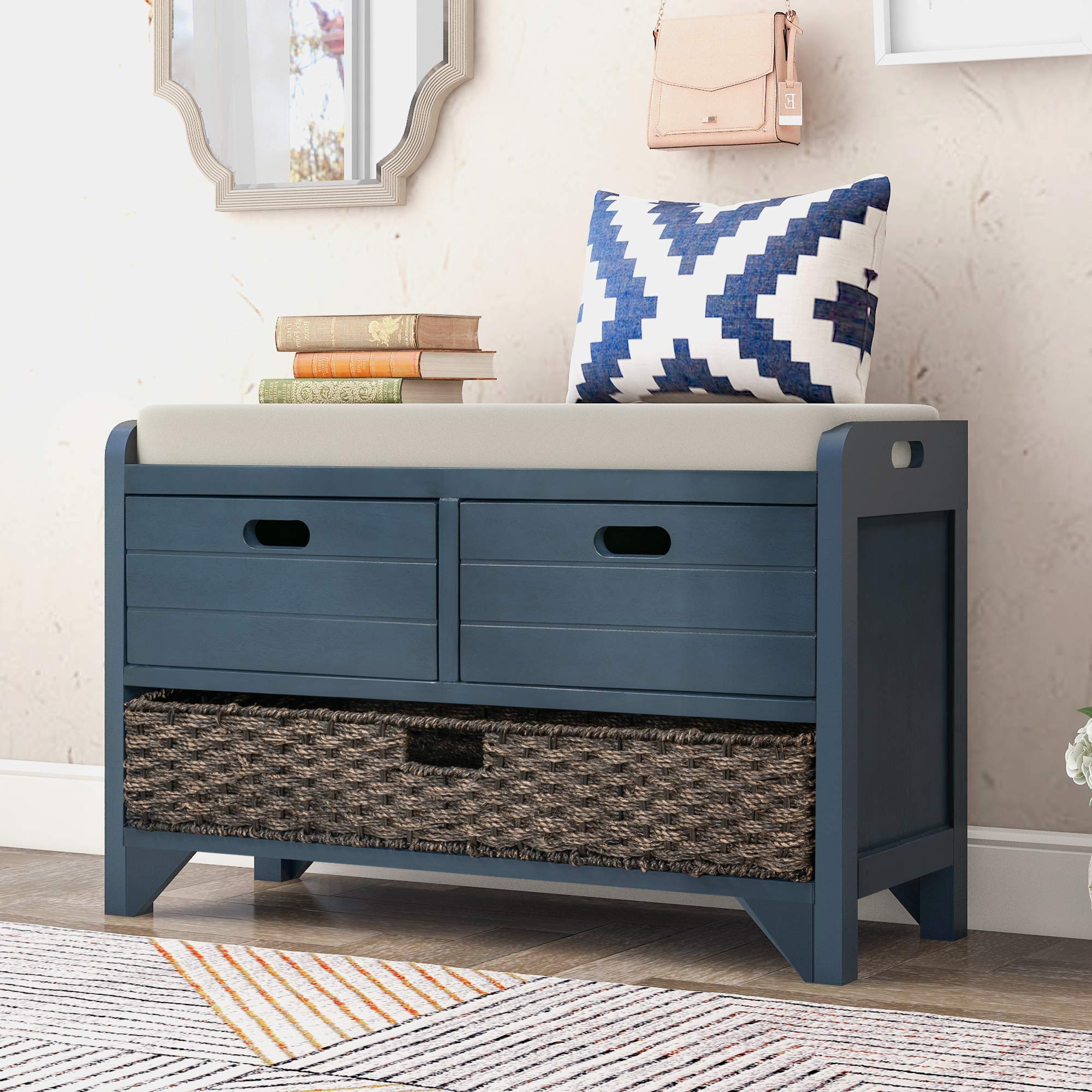HOUAGI Storage Bench with Removable Basket & 2 Drawers - Entryway Shoe Bench for Hallway, Living Room - Navy Blue Fully Assembled - Perfect for Small Space Organization & Entryway Seating
