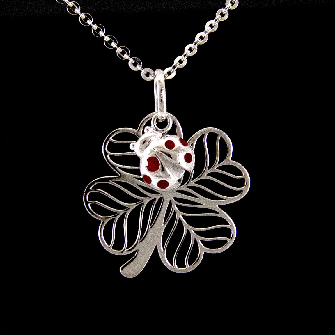 Platinum Clover Necklace with Bug Charm - Elegant Jewelry for Women, Perfect for Parties, Weddings & Everyday Wear