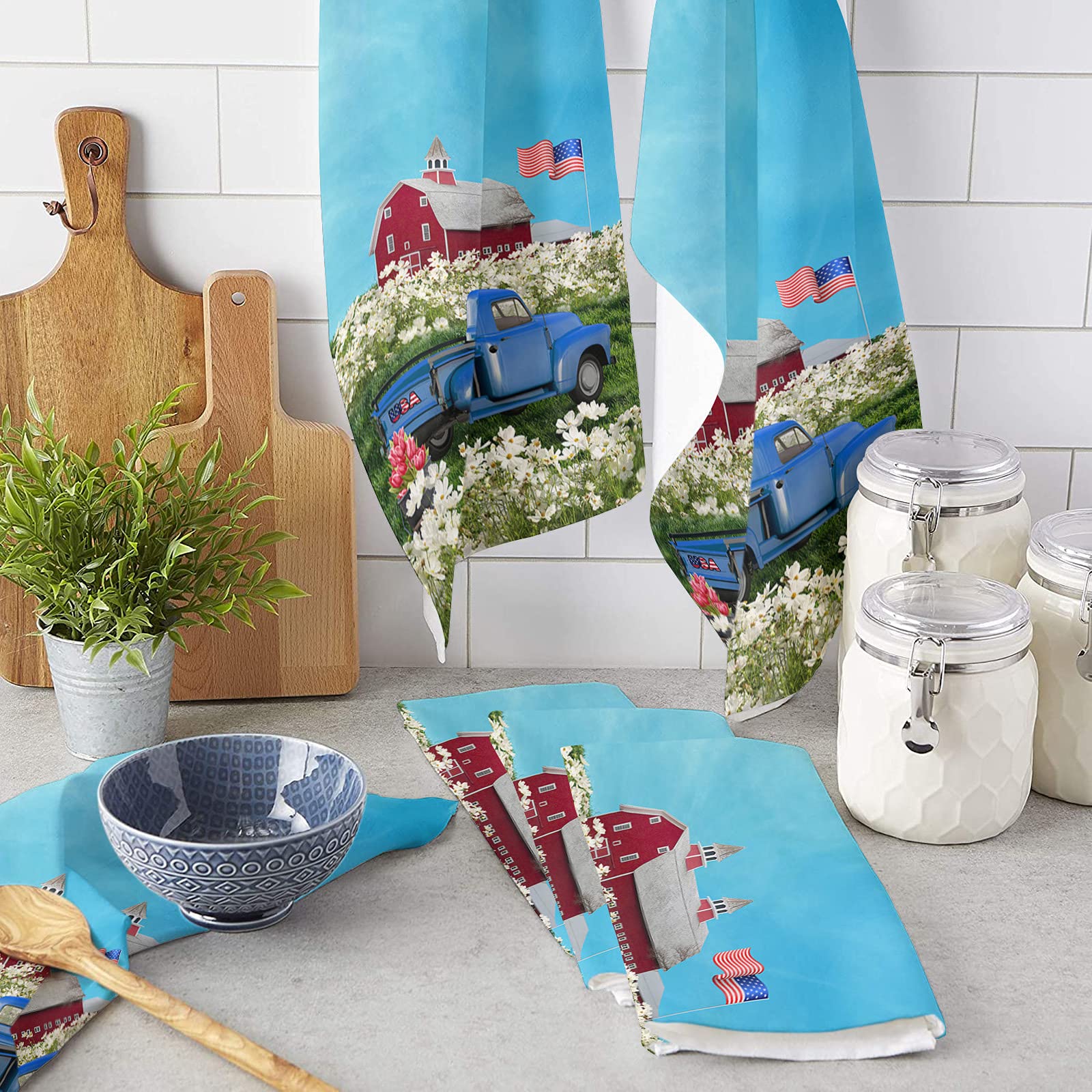 2 Pack Daisy Independence Day July 4th Truck Kitchen Towels - Soft Absorbent Cotton Dish Towels, Tea Towels & Bar Towels for Kitchen & Bathroom - Perfect for Drying Dishes, Decorating for Holidays & Everyday Use