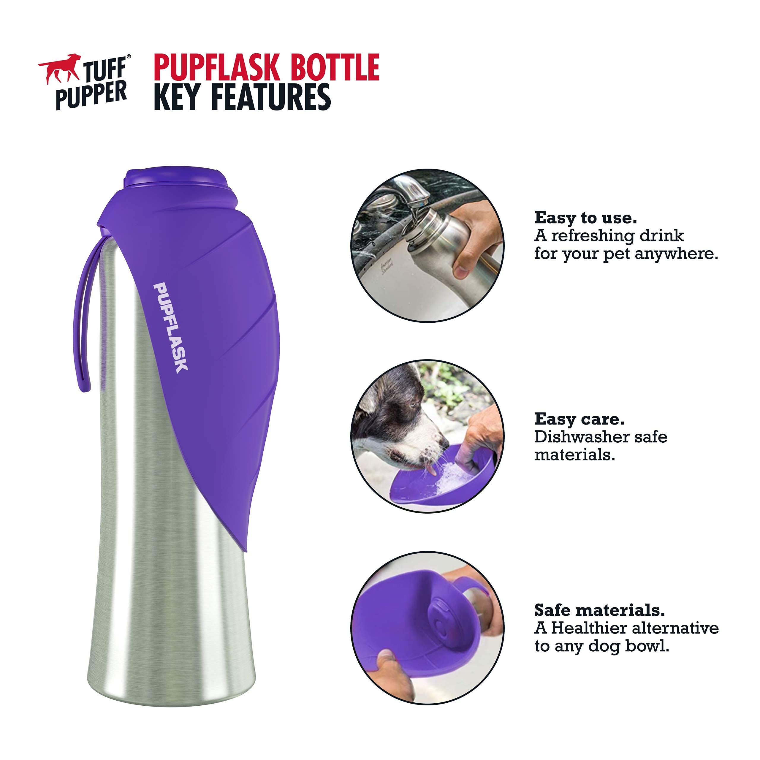 Tuff Pupper Dog Water Bottle Holder & PupFlask - 40oz Portable Pet Water Bottle for Hiking, Walking & Outdoor Adventures - Violet (BPA-Free Leakproof Design)