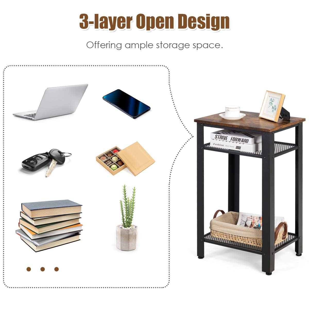 Safeplus Modern End Table - 2 Tier & 3 Tier Side Table with Metal Mesh Storage Shelves, Industrial Nightstand for Living Room & Bedroom - Perfect for Small Spaces, Apartment Decor & Coffee Table Alternative