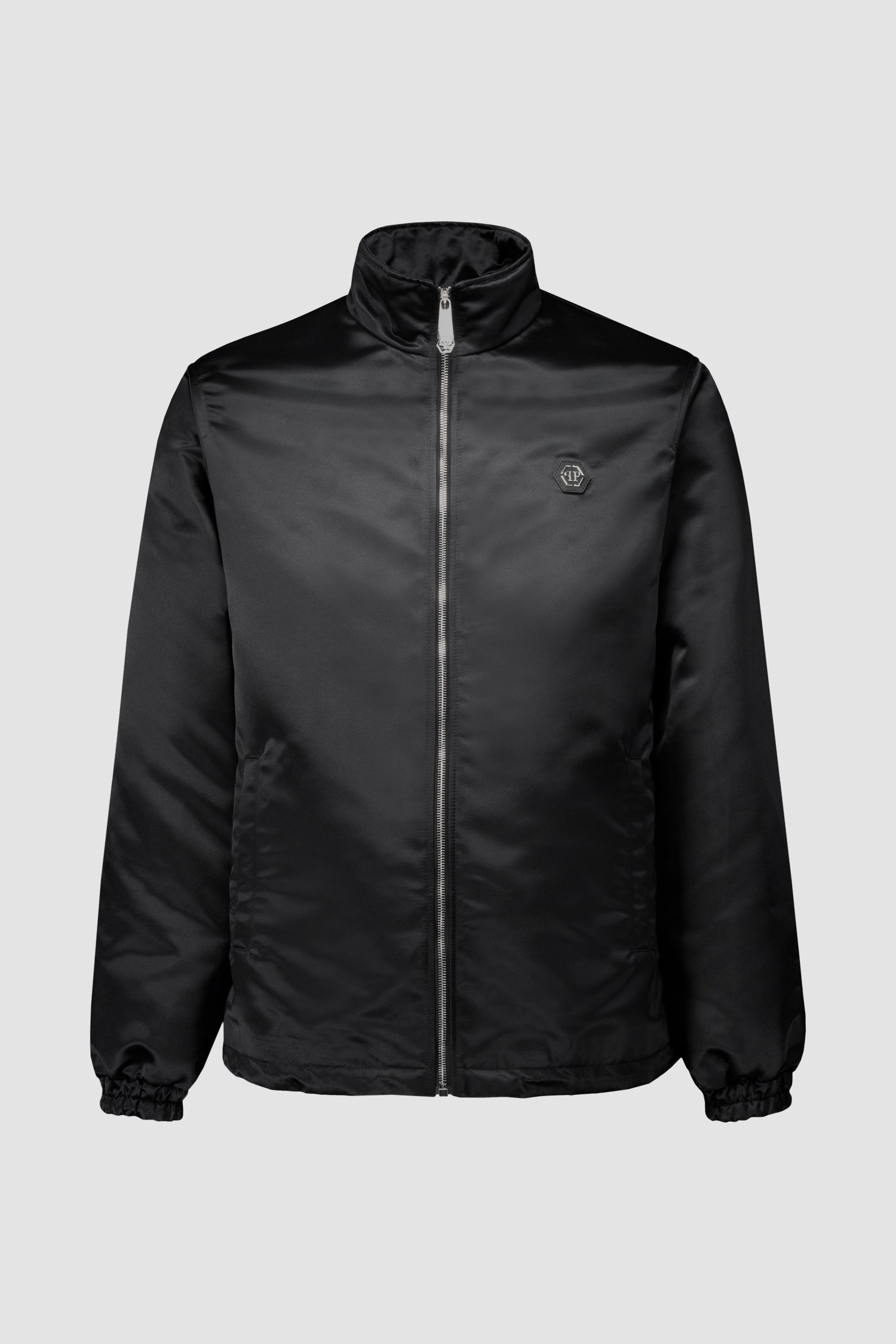 Philipp Plein Black Satin Windbreaker Jacket for Men - Lightweight Water-Resistant Outdoor Coat for Running, Travel & Streetwear Fashion
