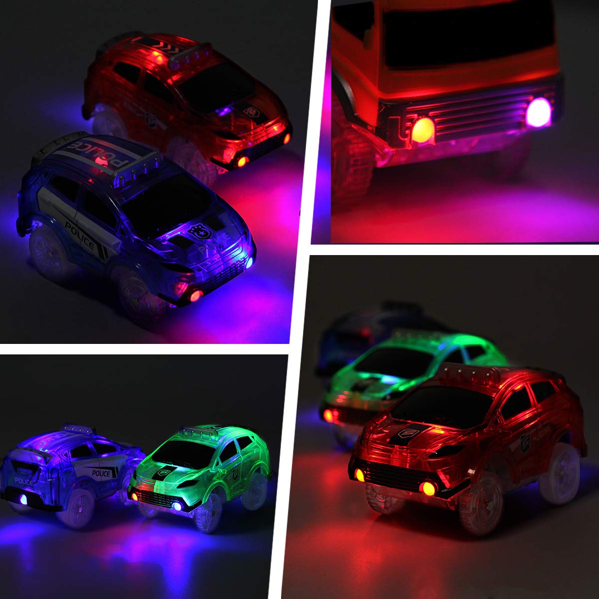Magic Tracks Replacement Cars – Glow in the Dark Flex Track Race Cars with LED Lights (Battery Operated) – 4-Pack Snap N Glow Trax Accessories for Kids – Compatible with Most Car Track Sets – Perfect for Nighttime Racing & Indoor Play