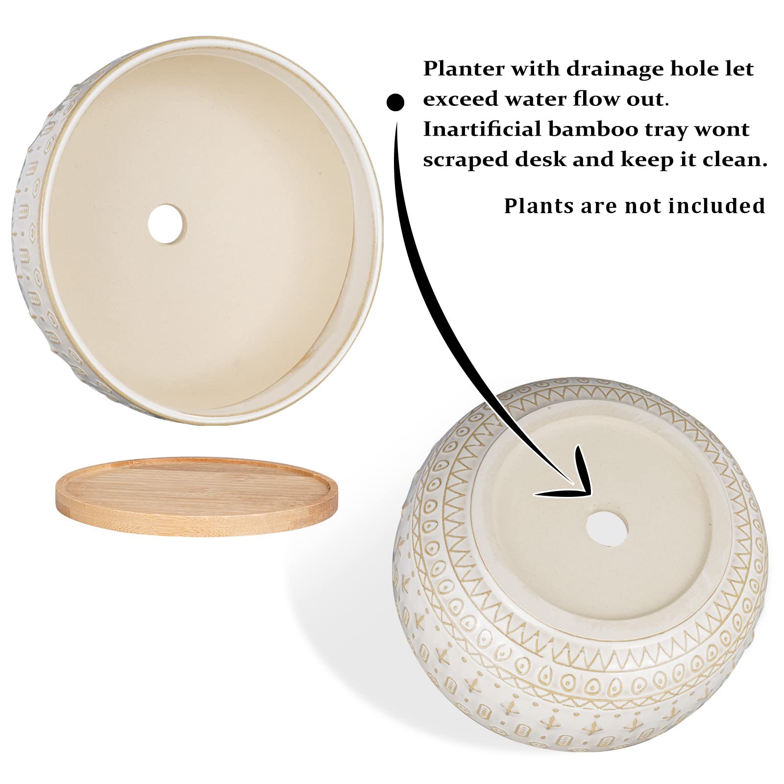 8 Inch White Ceramic Succulent Planter Pots with Drainage Hole - Round Shallow Bonsai Flower Pot with Bamboo Tray for Indoor Plants - Perfect for Home Decor, Office Desk, and Gift Ideas