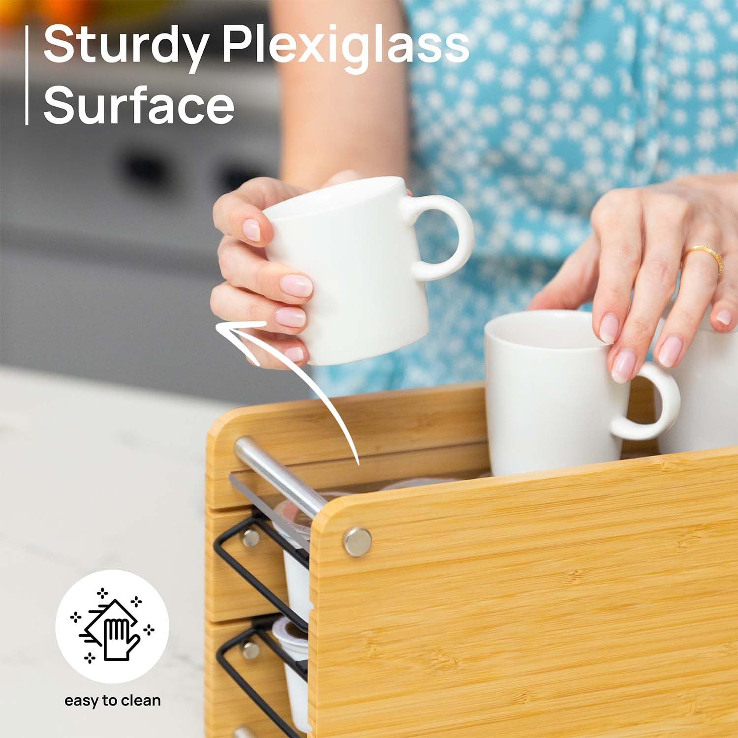 2-Tier Coffee Pod Holder for Keurig K-Cups - 20 K-Cup Storage Capacity with Sliding Drawer - Clear Plexiglass Top & Metal Rack - Kitchen Counter Organizer (Natural) - Perfect for Coffee Stations & Office Break Rooms