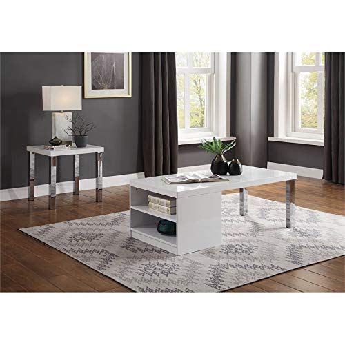 BOWERY HILL Modern White High Gloss Chrome End Table - Perfect for Living Room, Bedroom, or Office Side Table