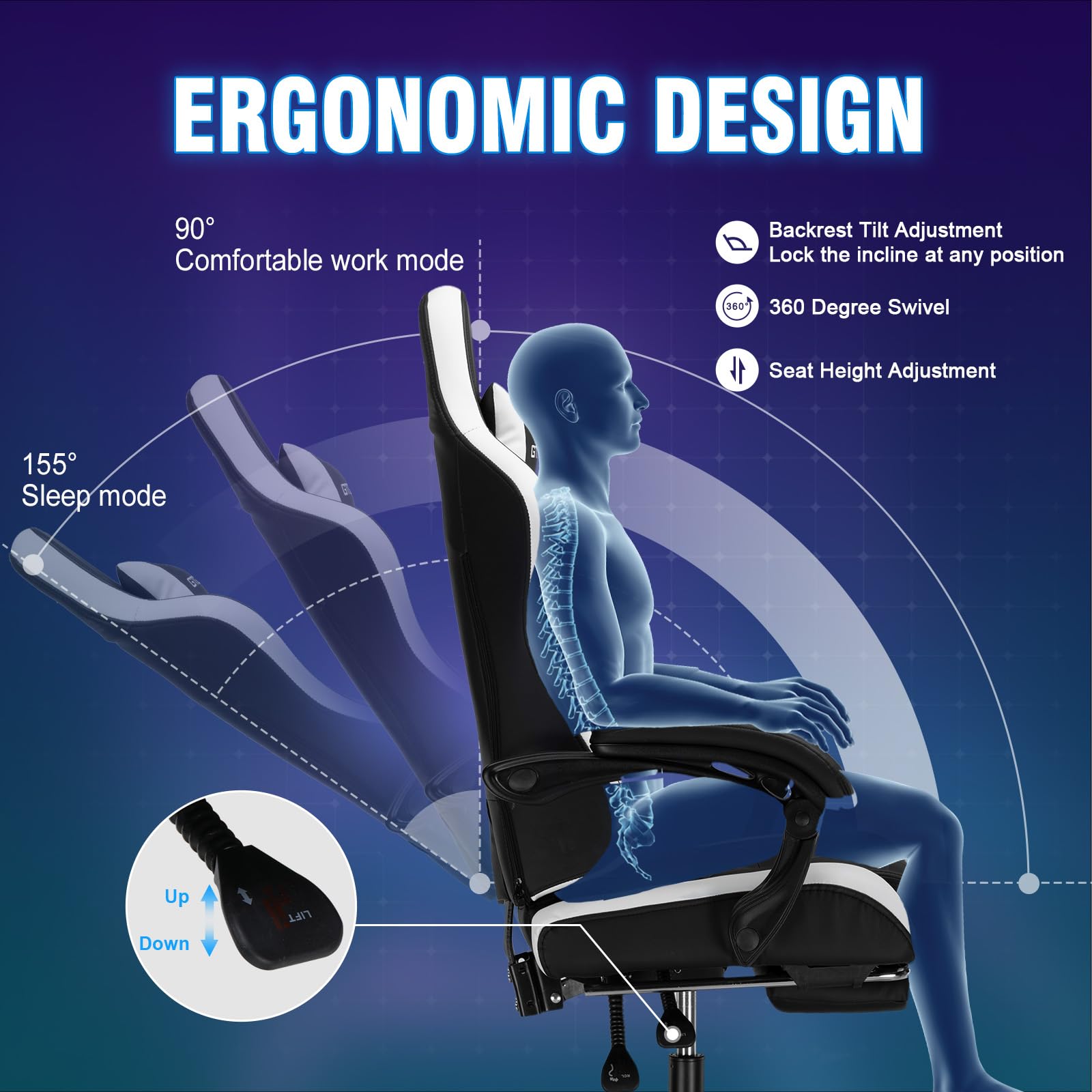 GTPLAYER Ergonomic Gaming Chair with Adjustable Footrest & Reclining Function - Comfortable Computer Desk Chair for Adults & Kids - Home Office & Video Game Setup (White) - Perfect for Long Gaming Sessions, Work from Home & Study