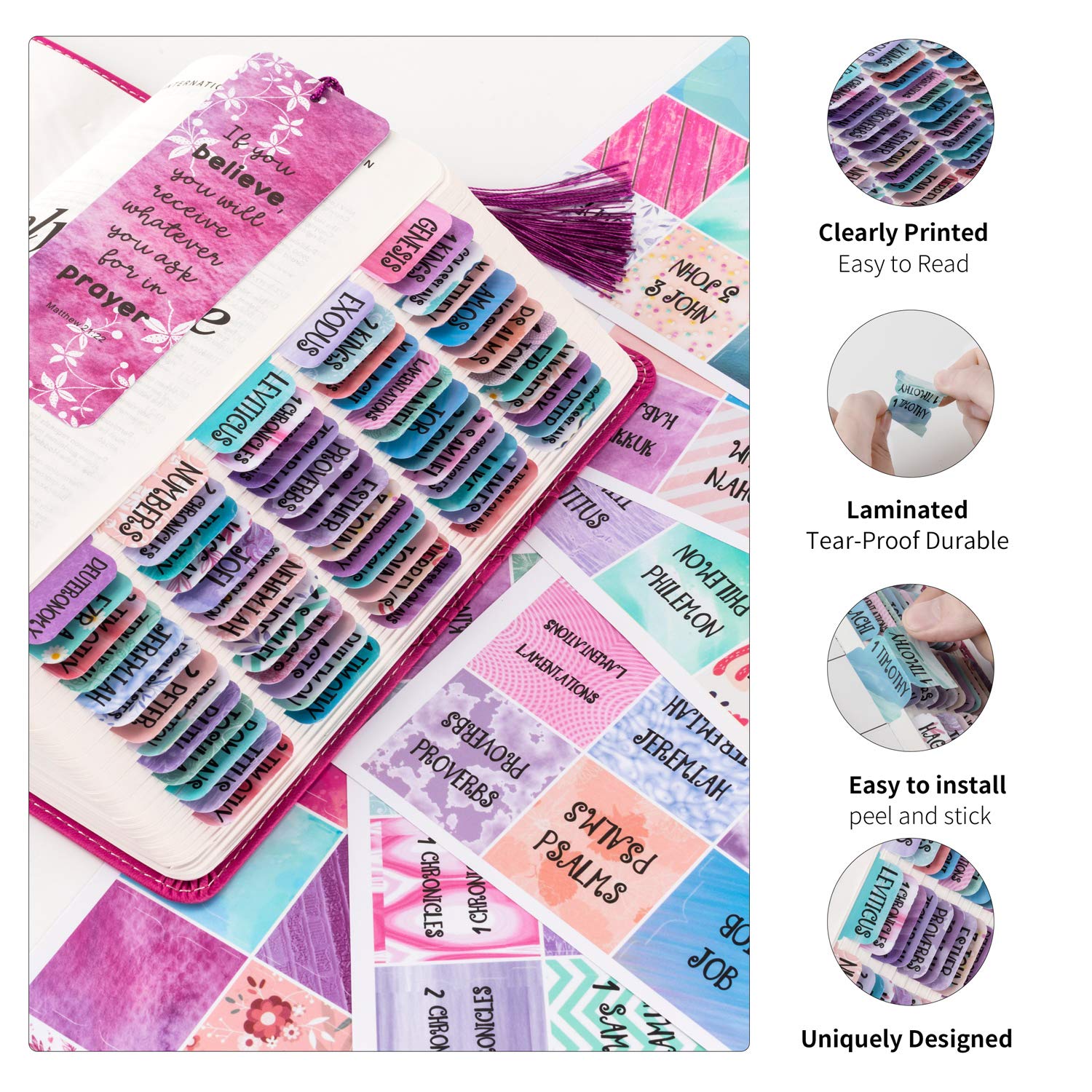 Colorful Bible Indexing Tabs - 90 Peel & Stick Tabs for Scripture Study