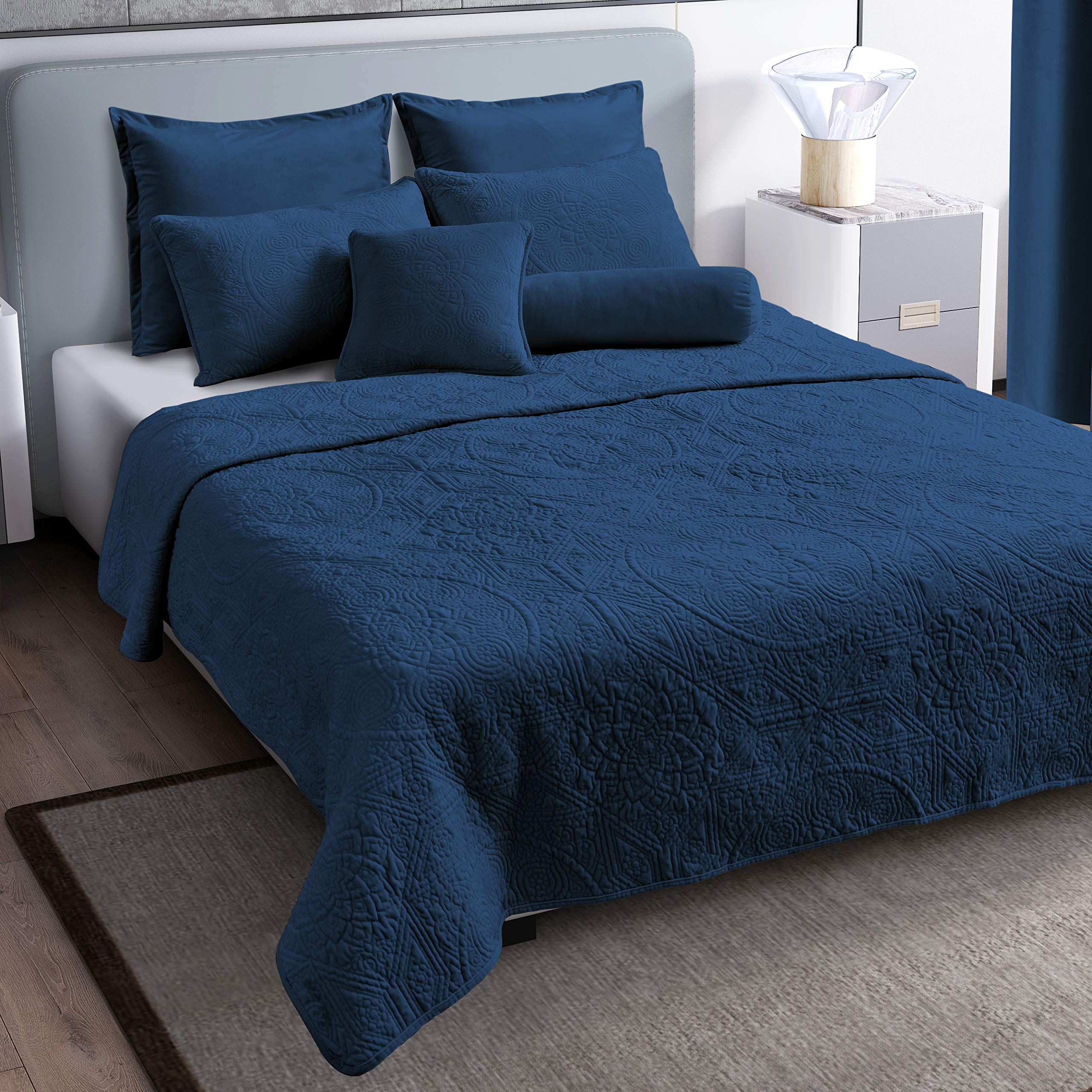 Premium Velvet Quilt - Charlotte Collection with Cotton Backing & Batting - King Size Navy Blue - Luxurious Bedding for Cozy Nights & Elegant Bedroom Decor