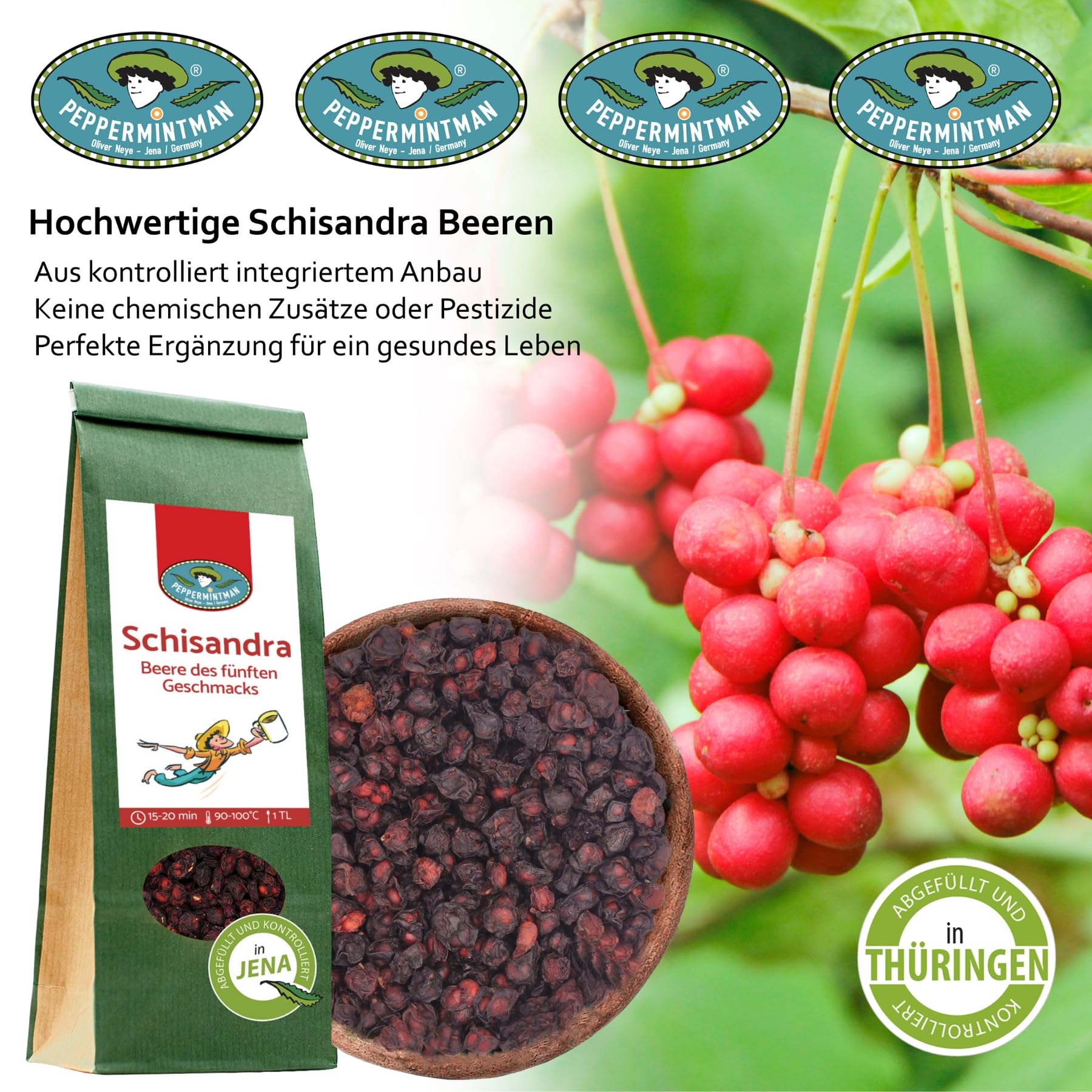 Organic Schisandra Berries 150g - Premium Handpicked Schisandra Chinensis for Healthy Snacks, Delicious Herbal Tea & Natural Cooking Ingredient - Perfect for Energy Boosting & Stress Relief - PEPPERMINTMAN