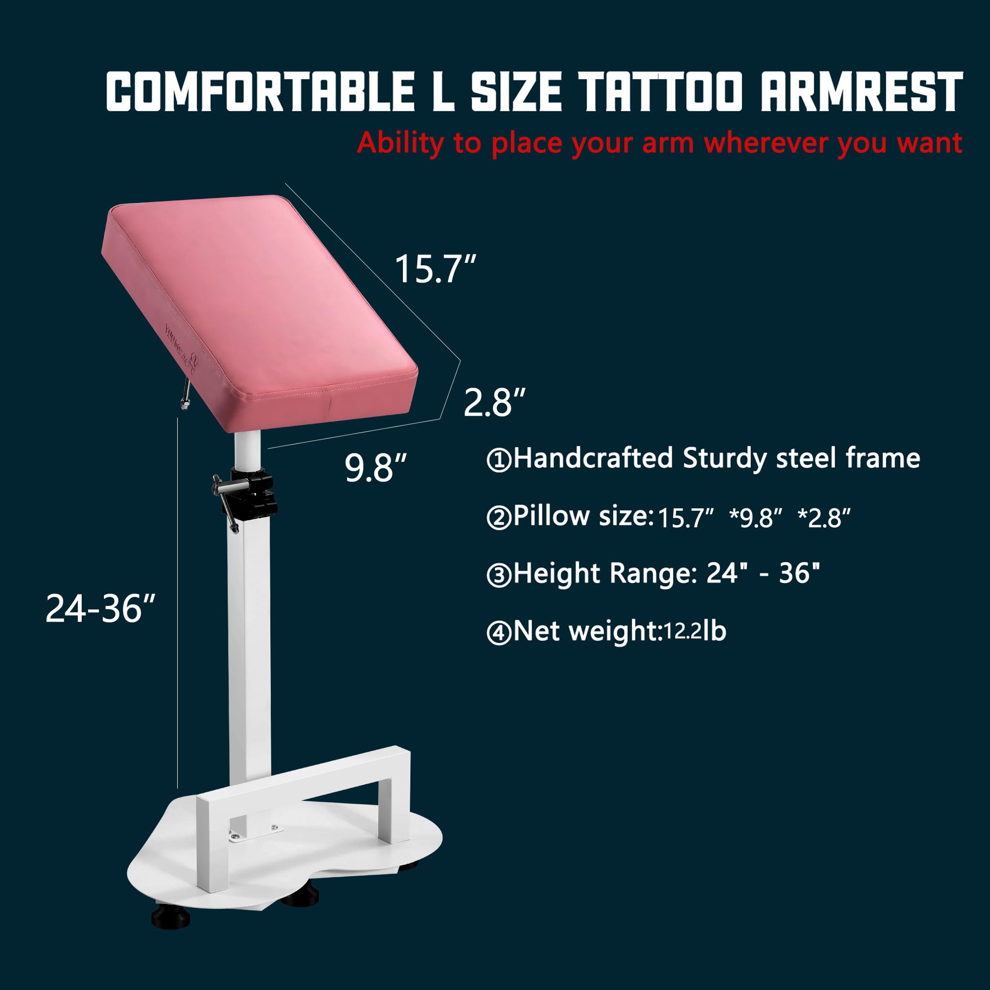 POARMEEY Adjustable Height Tattoo Armrest Stand with Large Pink Thickened Pad & Heart-Shaped Non-Slip Base - Professional Tattoo Artist Support for Arm, Leg & Body Positioning (Ideal for Tattoo Studios & Home Use)