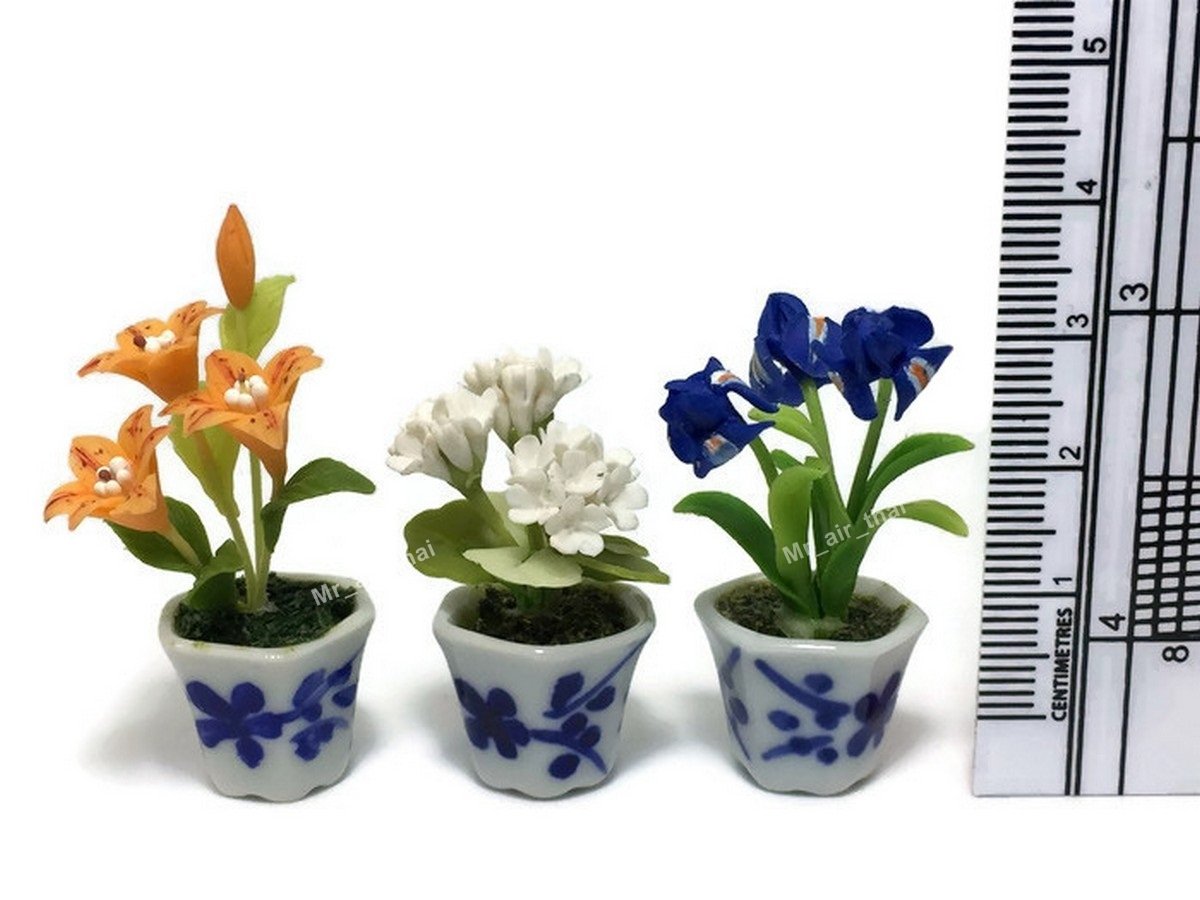 3pc Miniature Clay Flower Dollhouse Fairy Garden Decor - Ceramic Painted Mini Plant Trees & Artificial Orchid Flowers #056 - Perfect for Fairy Gardens, DIY Crafts, and Home Decor
