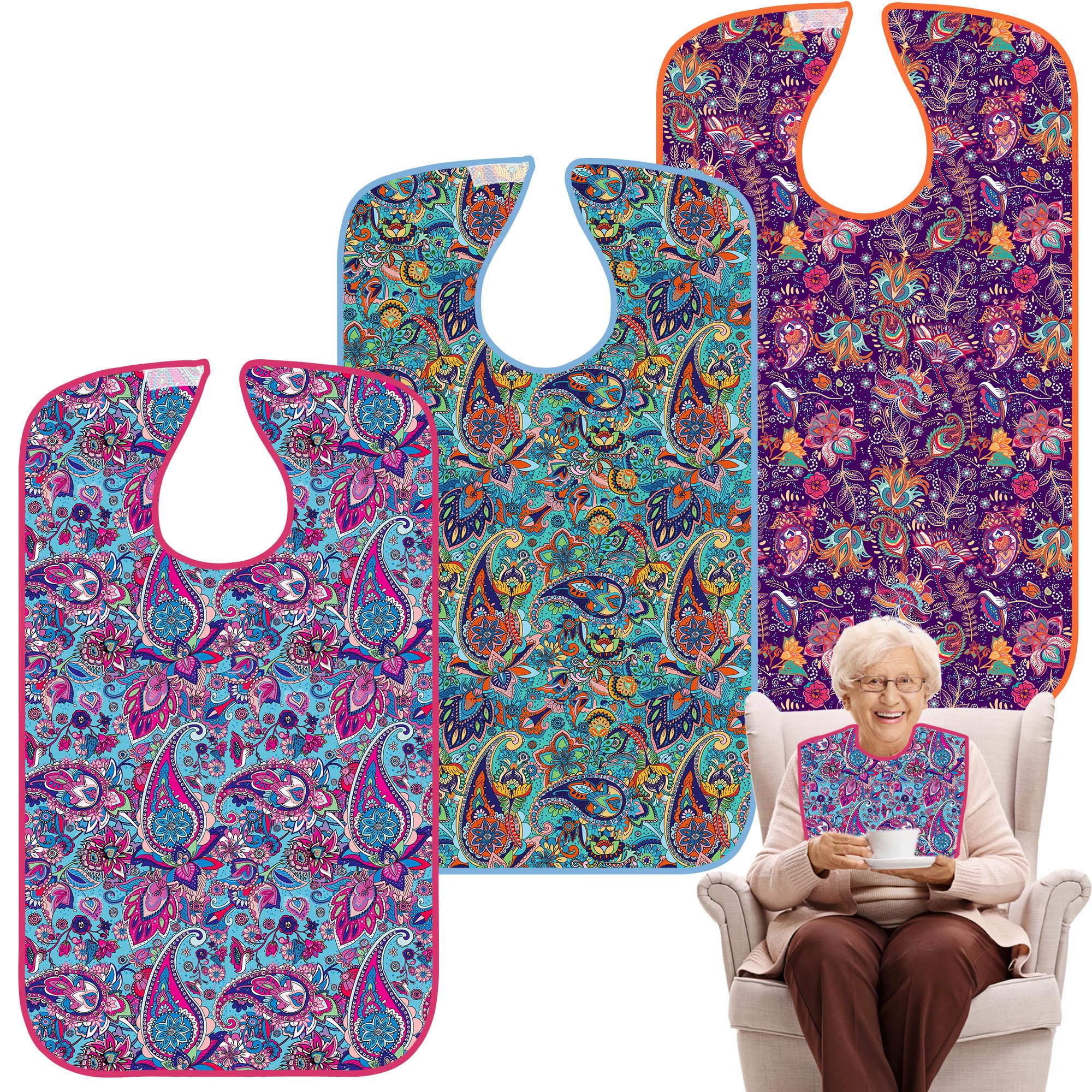 **3-Pack Reusable Waterproof Adult Bibs with Crumb Catcher - Washable Clothing Protector for Mealtime, Elderly Care & Special Needs - Large Feeding Bib for Adults**
