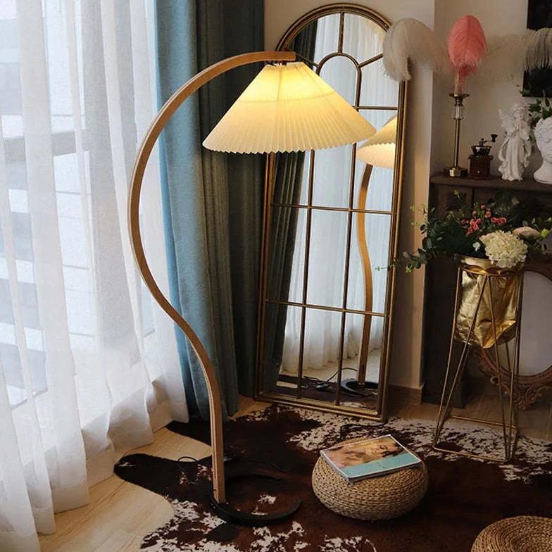 Modern Wooden Curved Fabric Floor Lamp for Bedroom - Adjustable Standing Light with Linen Shade - Perfect for Reading Nook, Living Room Corner & Cozy Nightstand Lighting