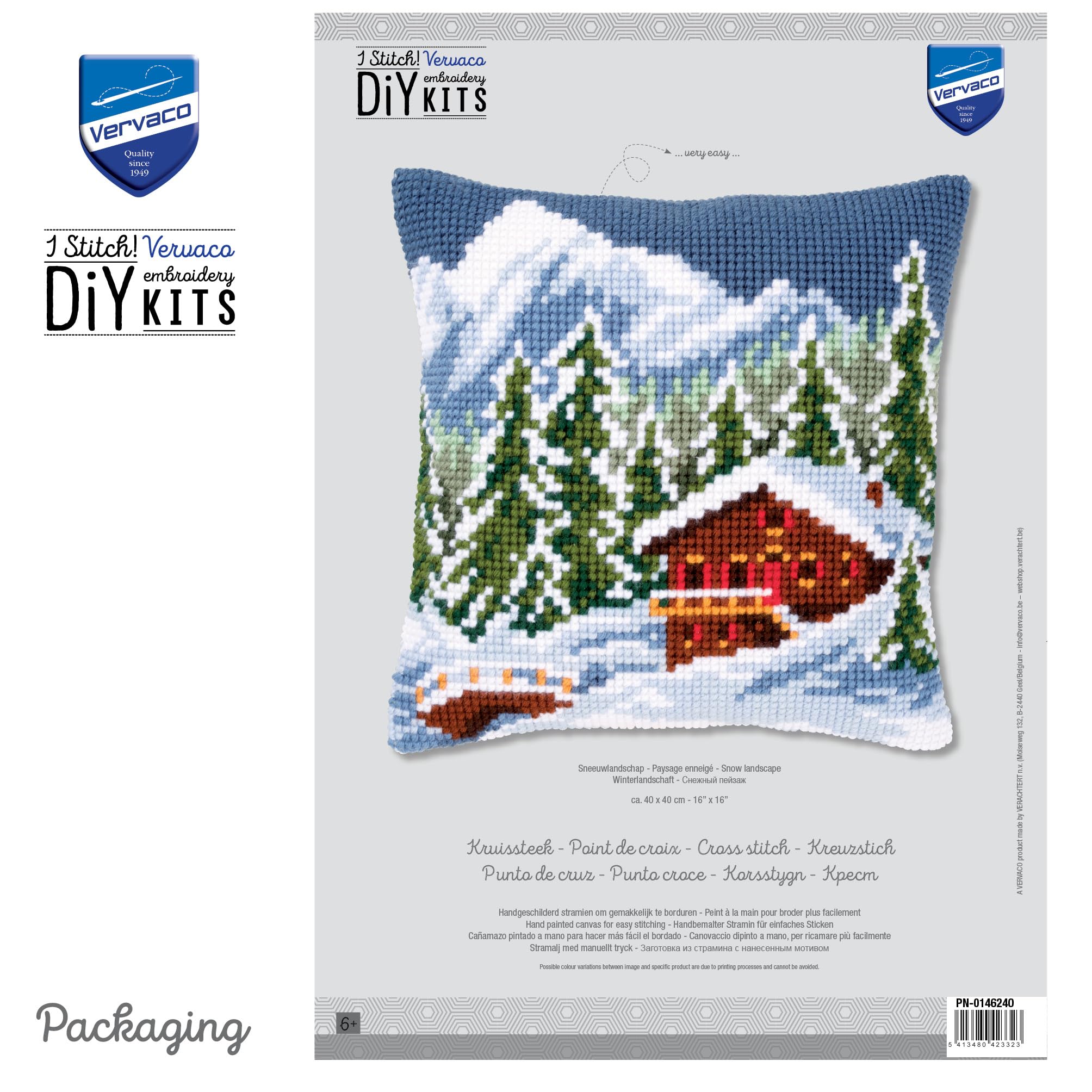 Vervaco Cross Stitch Cushion Kit - Winter Snow Landscape Embroidery DIY Craft for Home Decor | Perfect for Living Room, Bedroom & Gift Giving