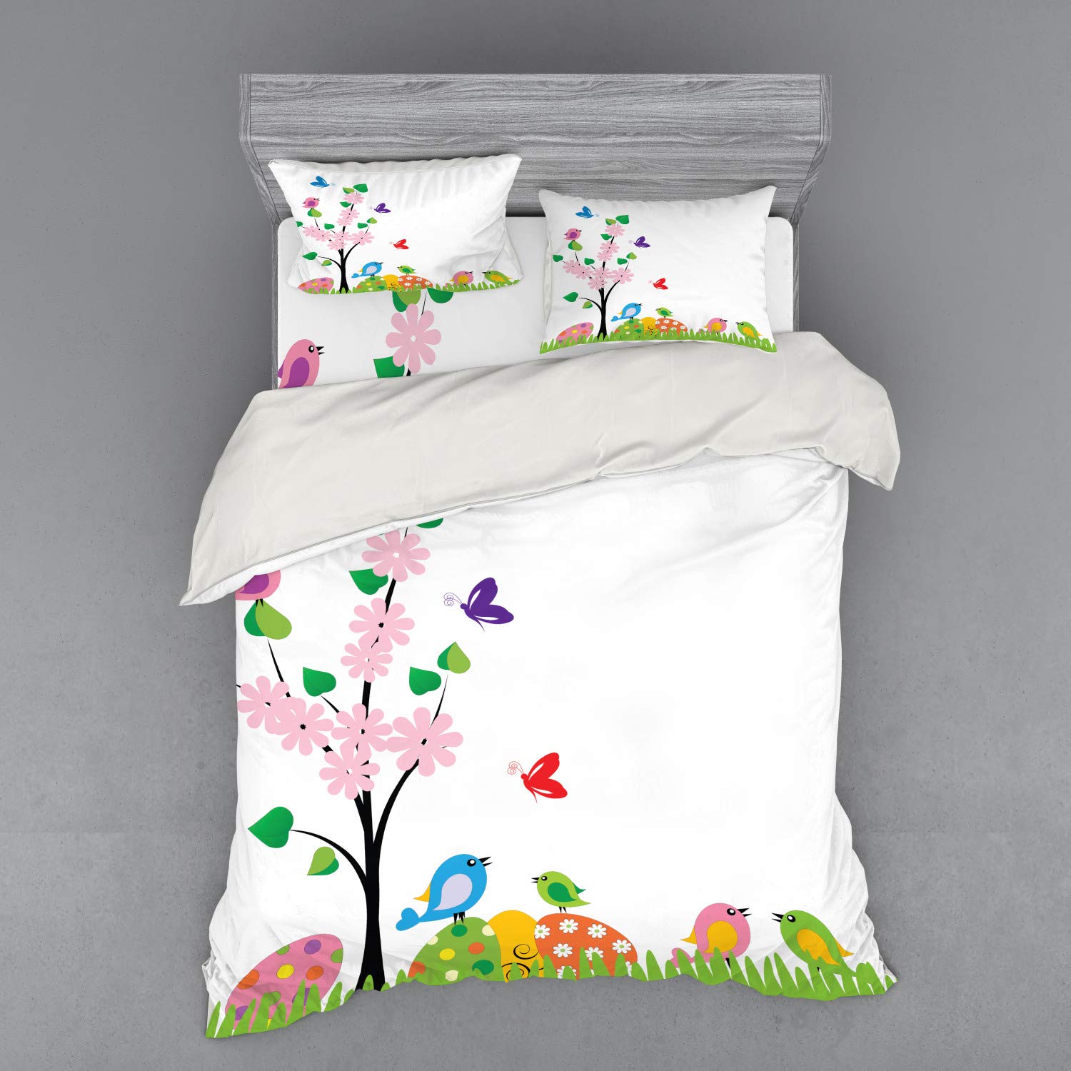 Ambesonne Easter Duvet Cover Set - Queen Size 4-Piece Bedding with Abstract Floral Tree Leaves & Animal Print, Includes Shams & Fitted Sheet - Perfect for Spring Decor, Easter Bedroom Makeover & Seasonal Home Styling