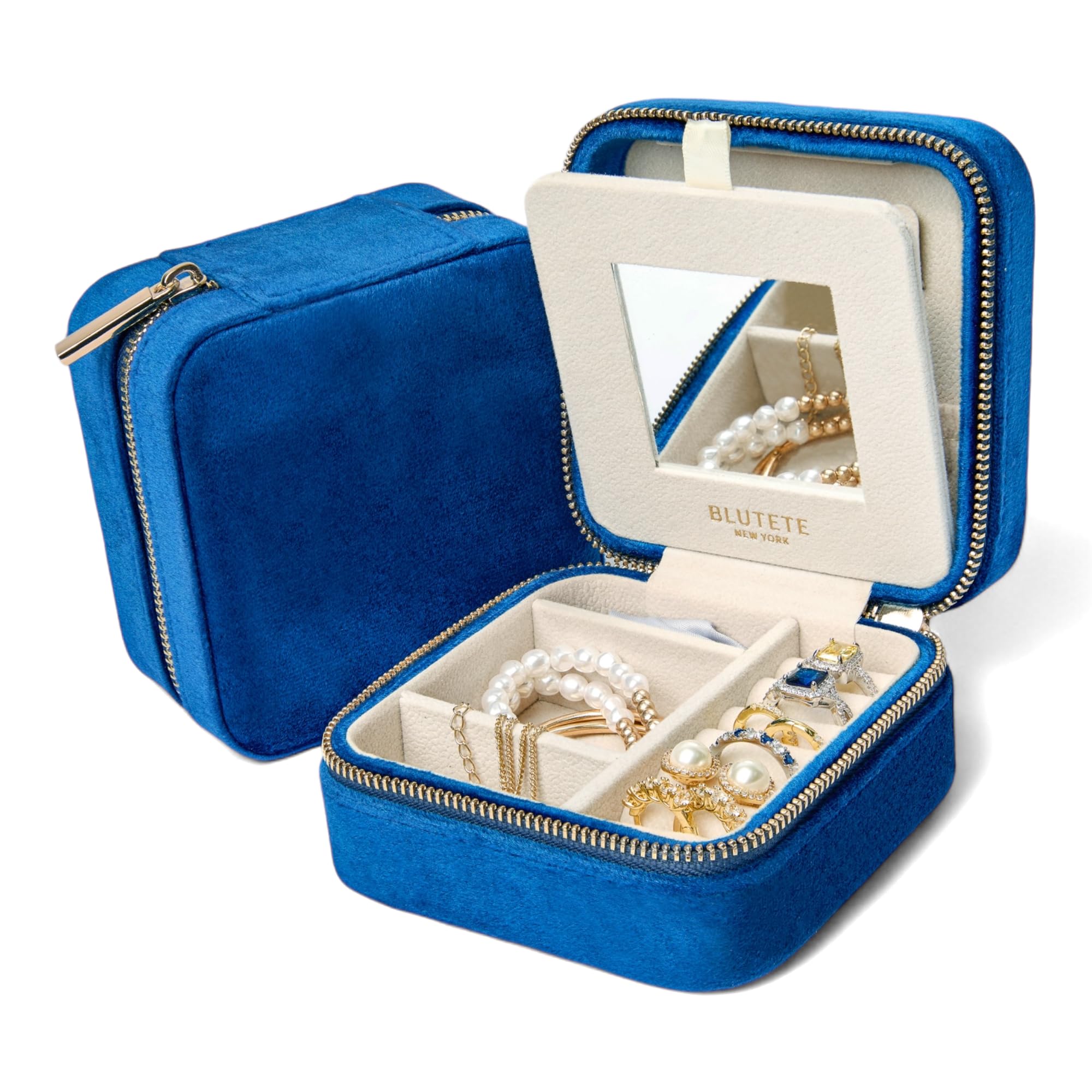 BLU TETE Velvet Travel Jewelry Organizer Box with Mirror - Portable Jewelry Case for Rings, Earrings & Necklaces - Compact Storage for Travel, Home & Gifts (Midnight Blue)