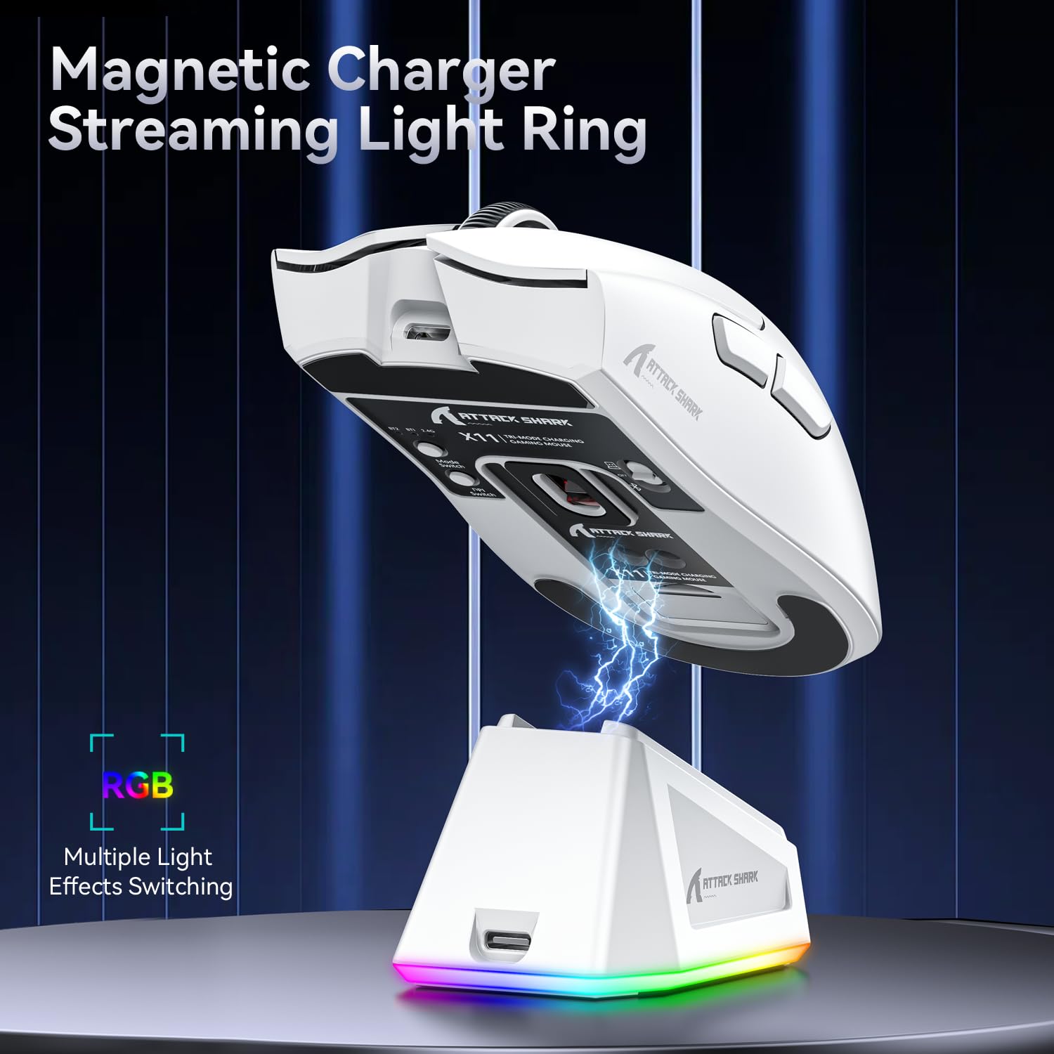 Attack Shark X11 Wireless Gaming Mouse with Magnetic Charging Dock - PAW3311 Sensor, 22000 DPI, BT/2.4G/Wired - Compatible with Windows 11, Xbox, PS5, Mac - White Ergonomic Mouse for PC Gaming, Office Work & Professional Use